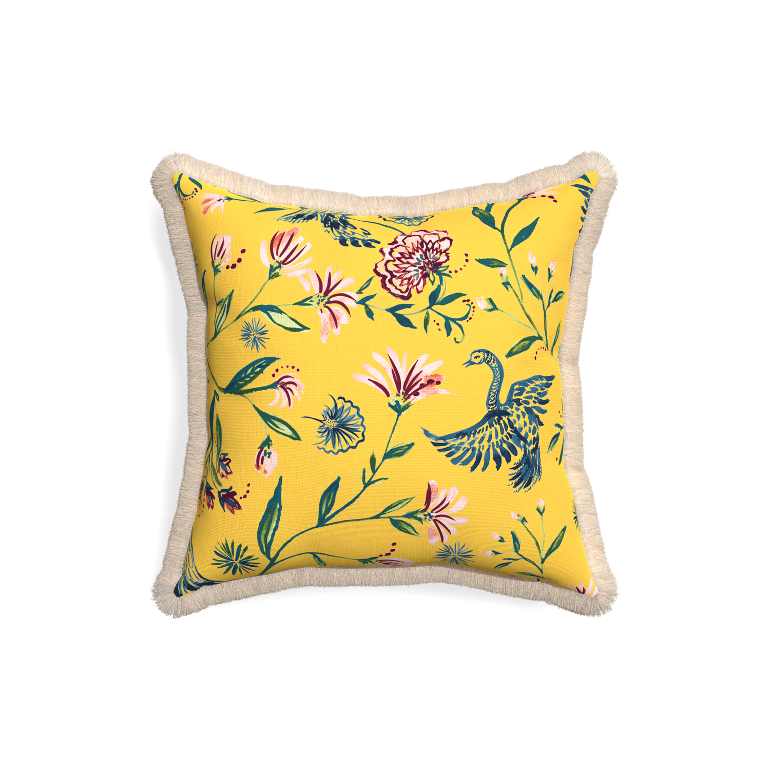 18-square daphne canary custom pillow with cream fringe on white background