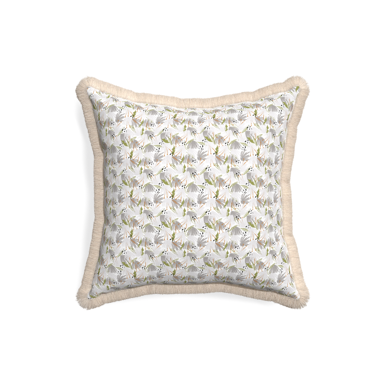18-square eden grey custom pillow with cream fringe on white background