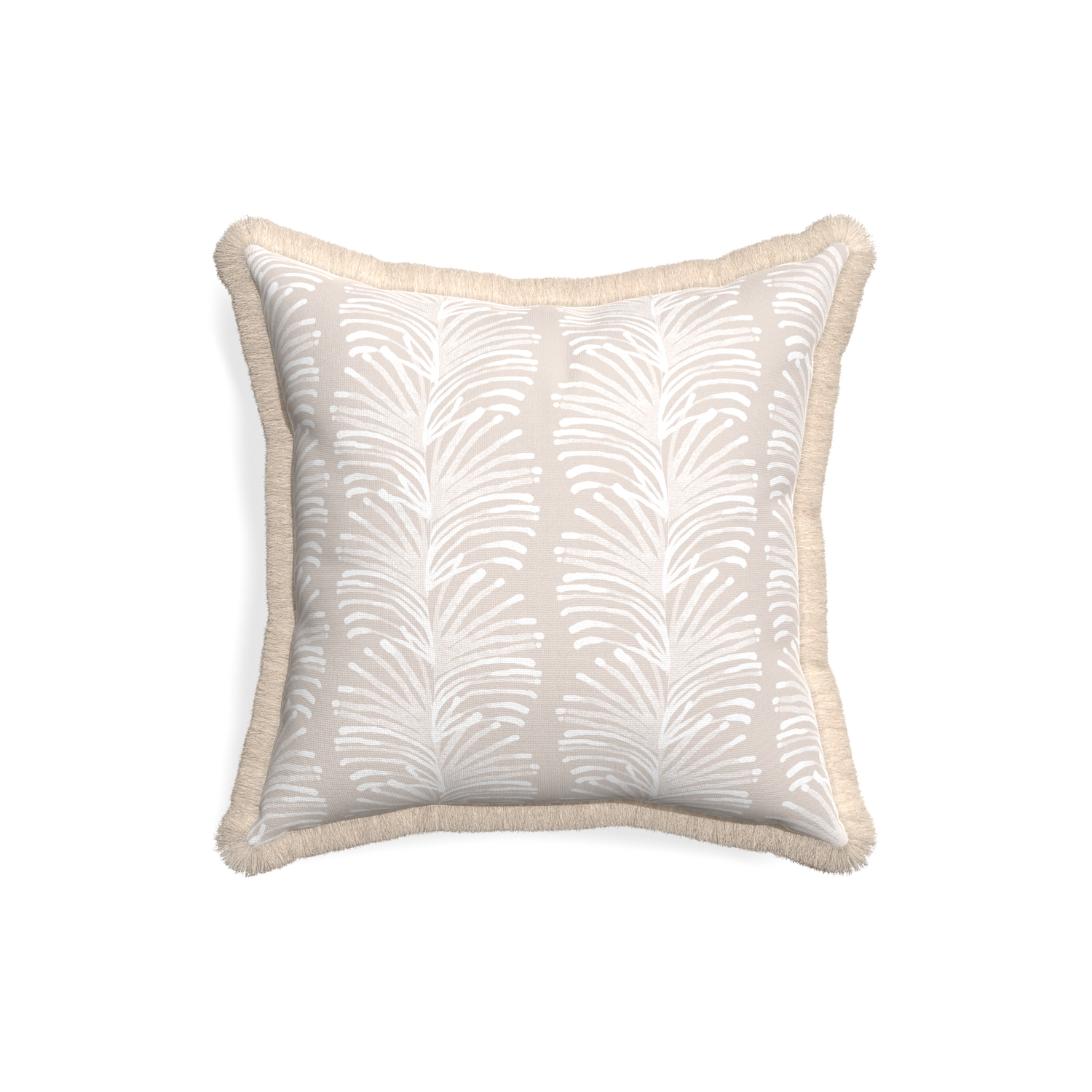 18-square emma sand custom sand colored botanical stripepillow with cream fringe on white background
