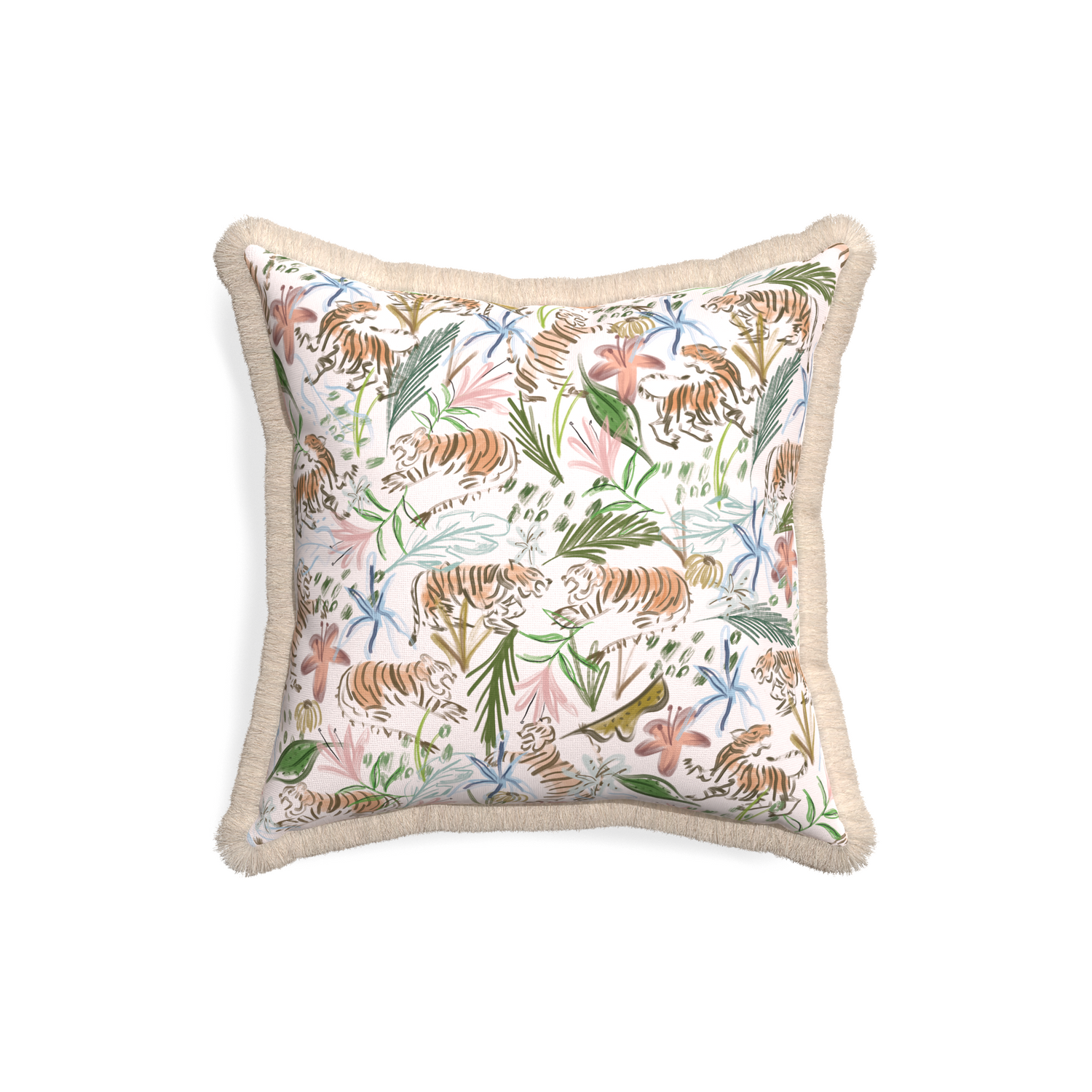 18-square frida pink custom pink chinoiserie tigerpillow with cream fringe on white background