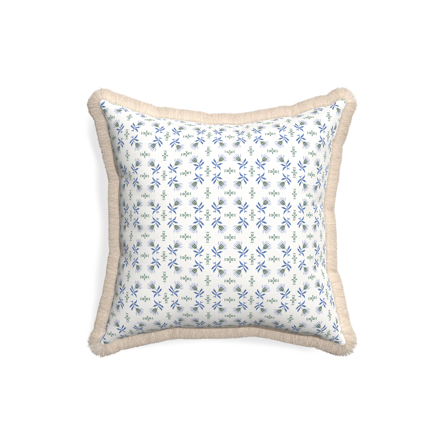 18-square lee custom blue & green floralpillow with cream fringe on white background