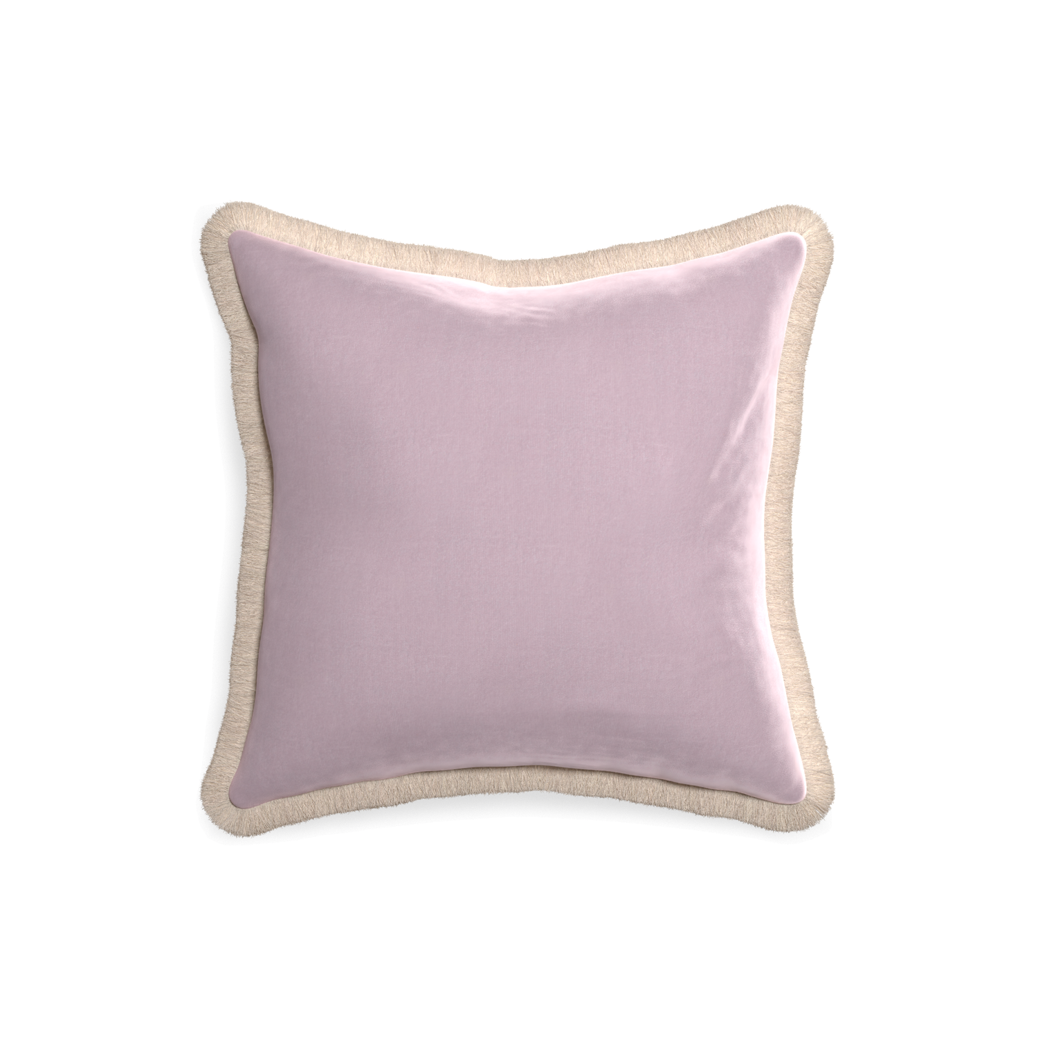 18-square lilac velvet custom pillow with cream fringe on white background