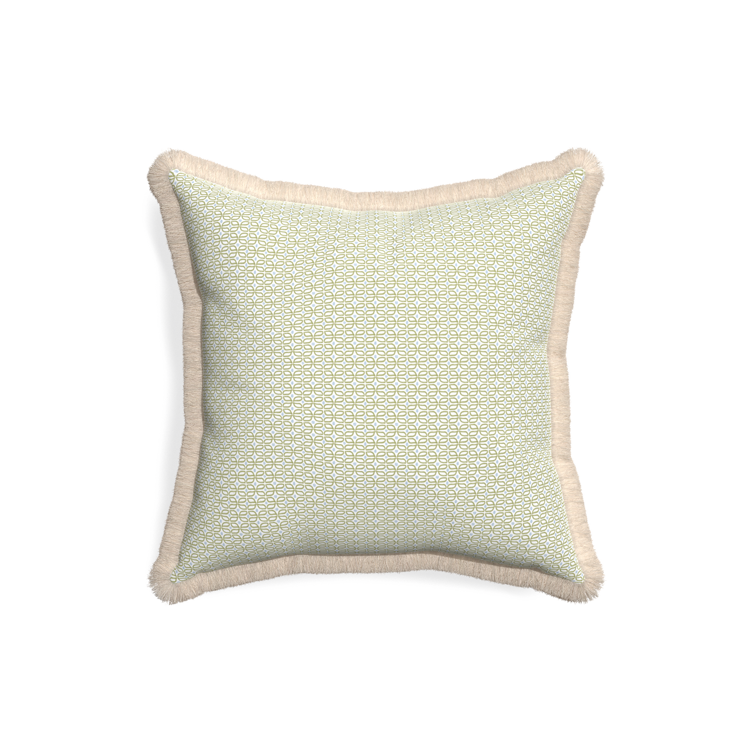 18-square loomi moss custom pillow with cream fringe on white background