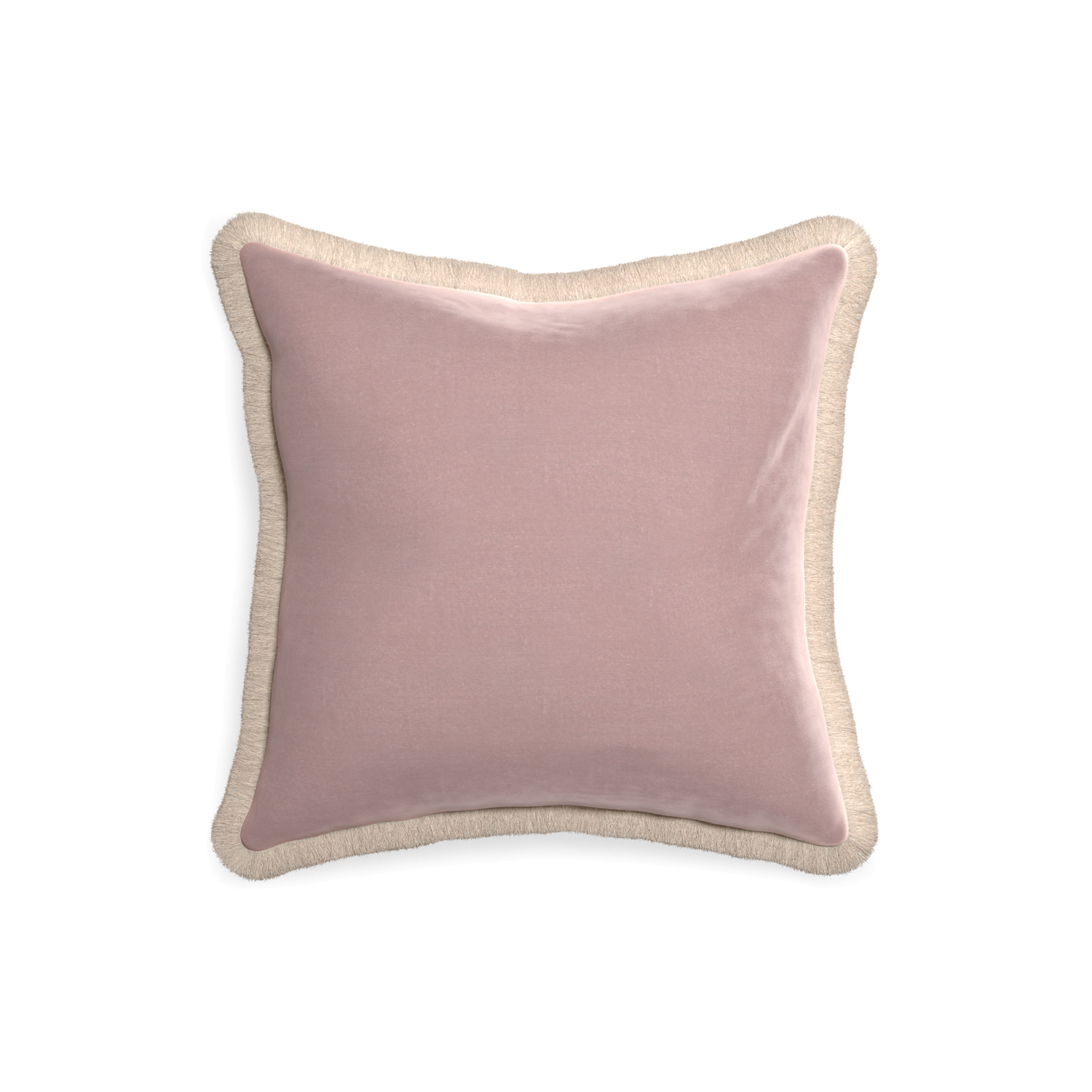 18-square mauve velvet custom pillow with cream fringe on white background