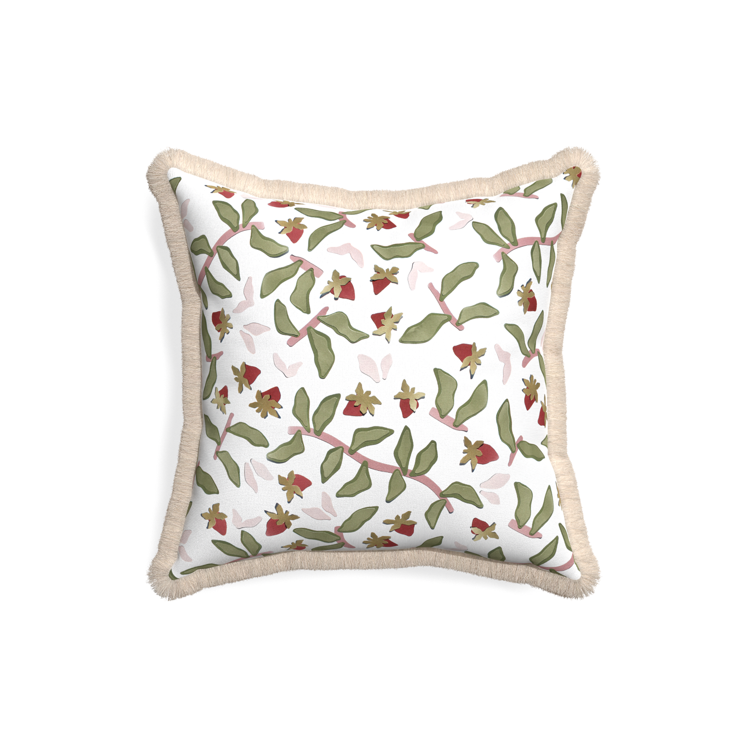 18-square nellie custom strawberry & botanicalpillow with cream fringe on white background