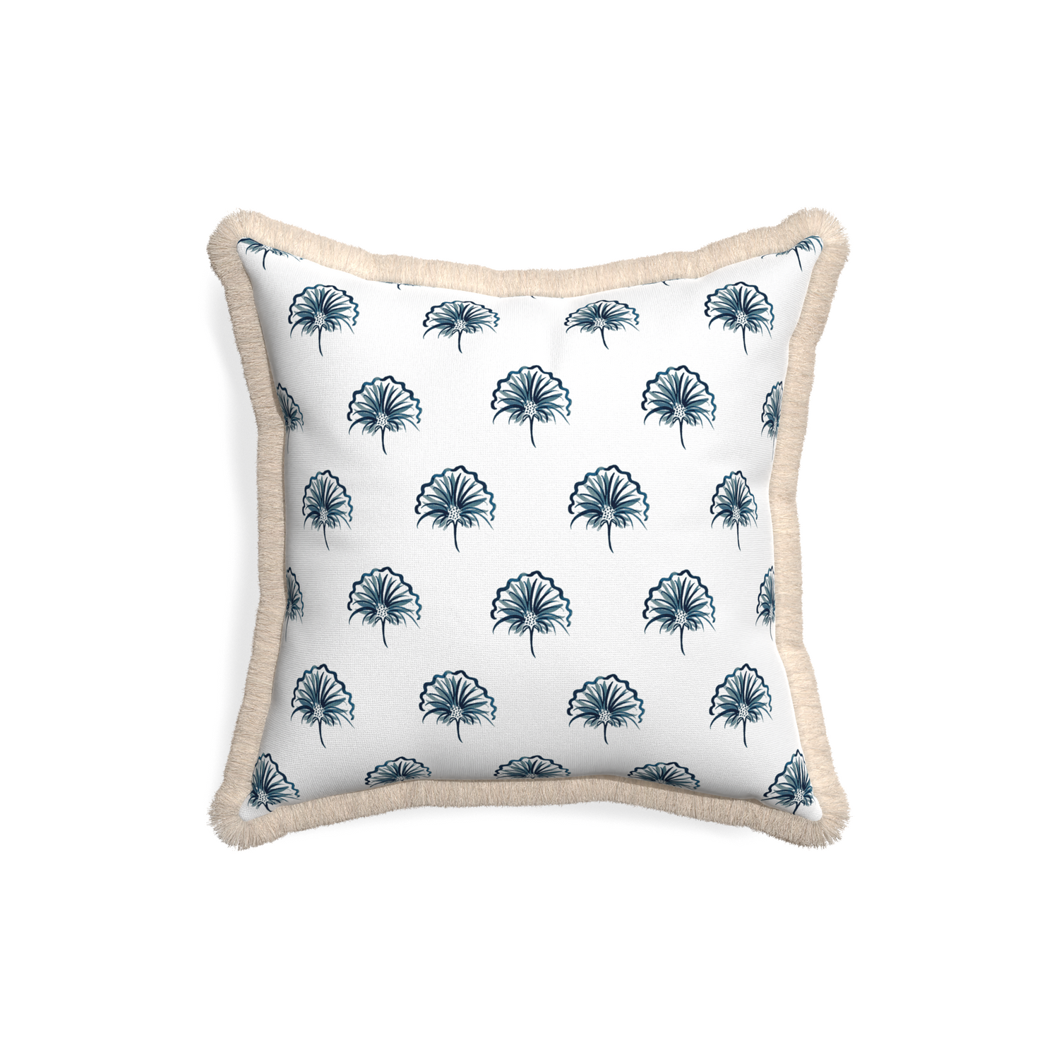 18-square penelope midnight custom floral navypillow with cream fringe on white background