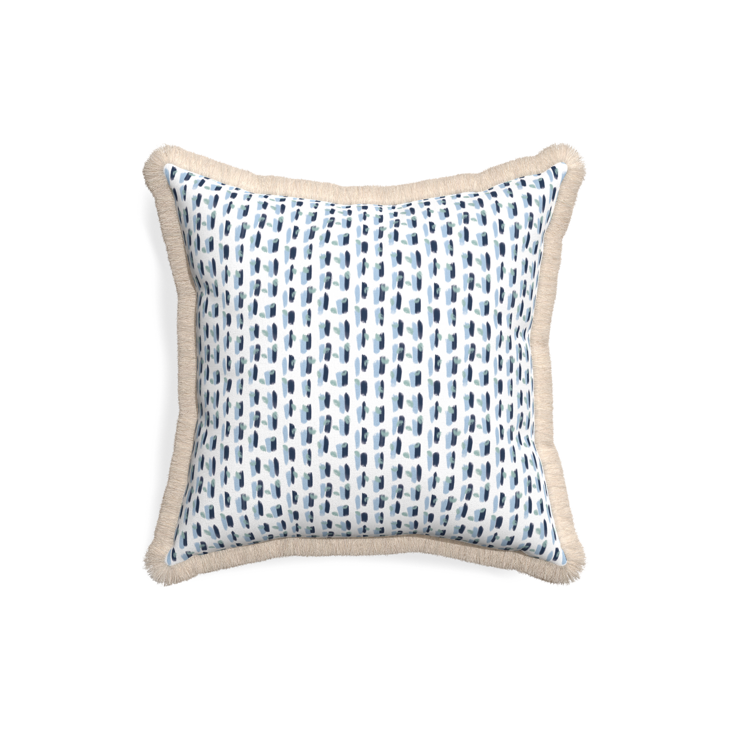 18-square poppy blue custom pillow with cream fringe on white background