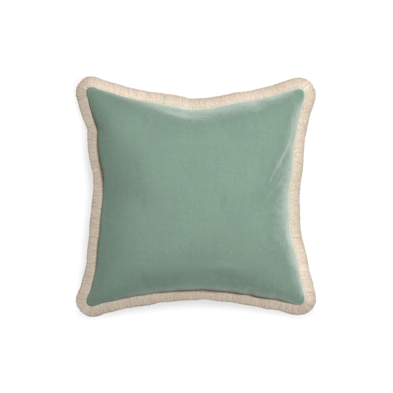 square blue green velvet pillow with cream fringe