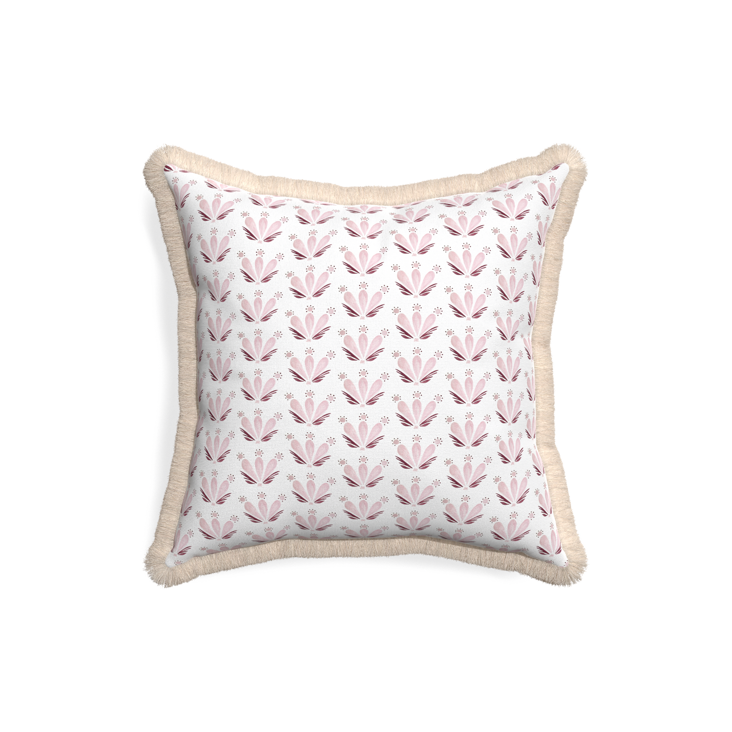18-square serena pink custom pink & burgundy drop repeat floralpillow with cream fringe on white background