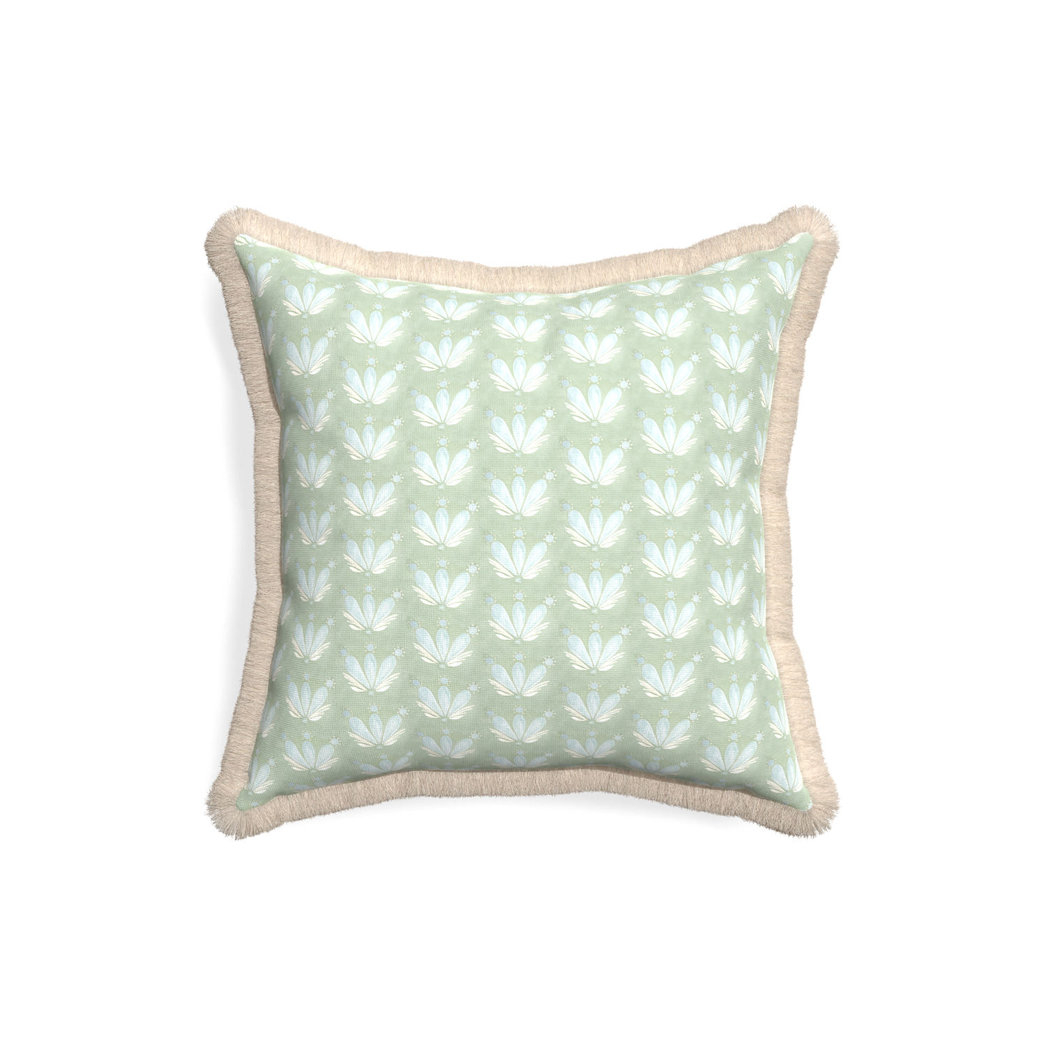 18-square serena sea salt custom blue & green floral drop repeatpillow with cream fringe on white background