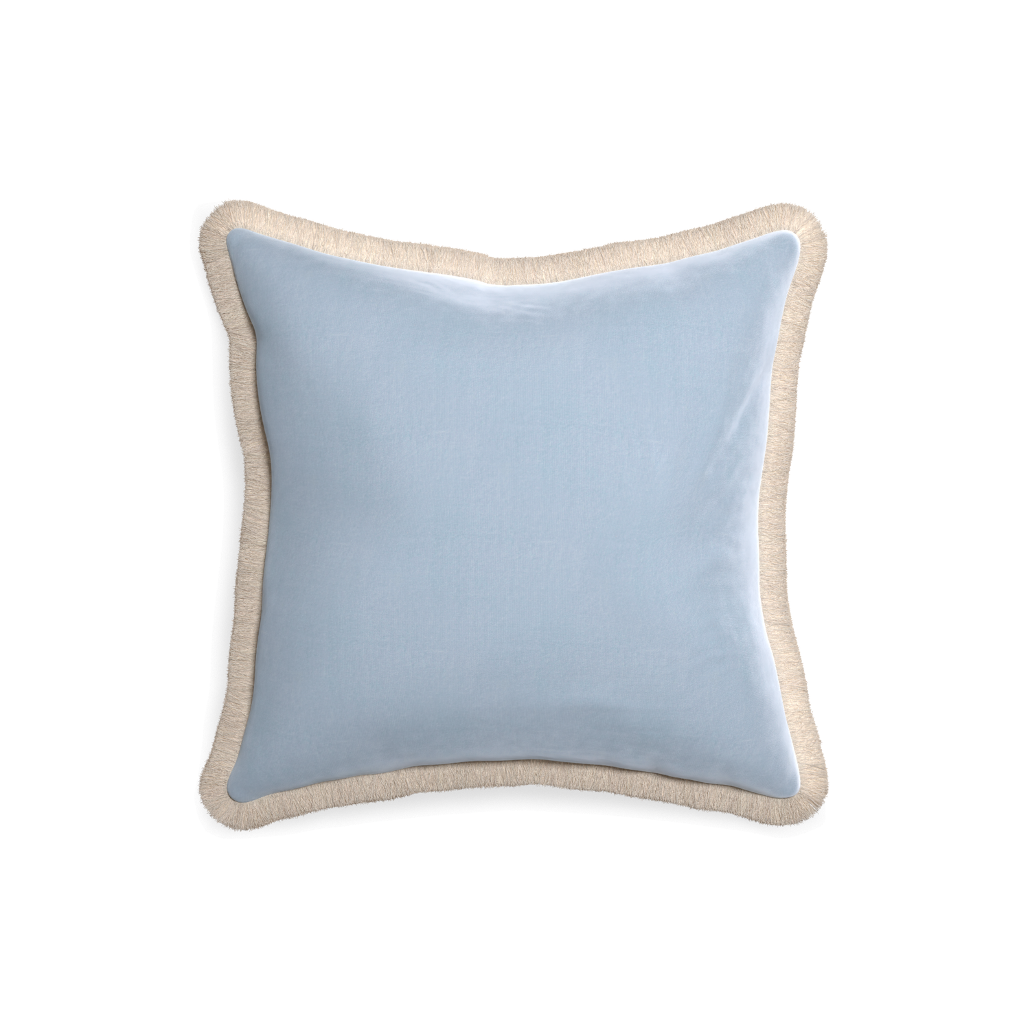 square light blue velvet pillow with cream fringe