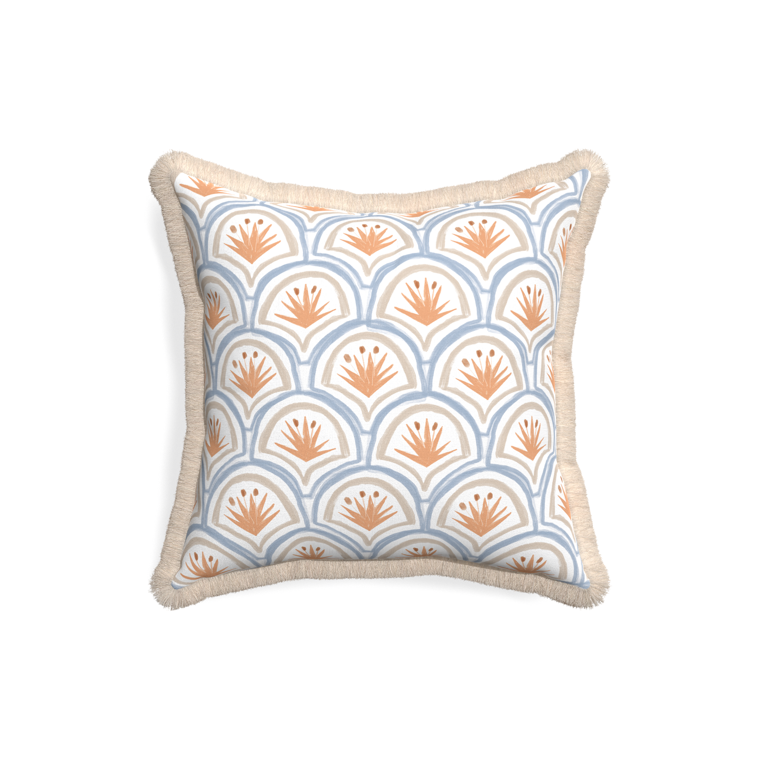 18-square thatcher apricot custom art deco palm patternpillow with cream fringe on white background