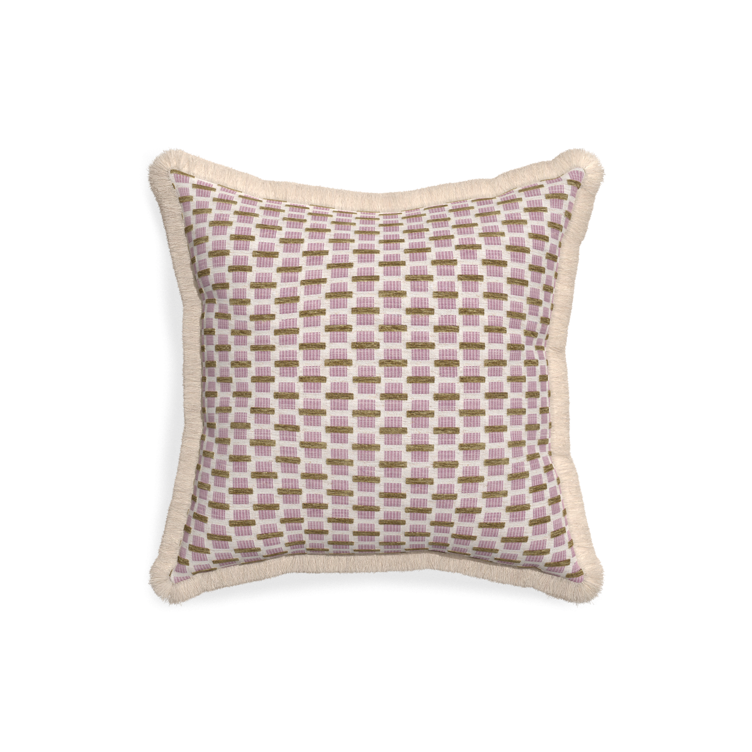 18-square willow orchid custom pink geometric chenillepillow with cream fringe on white background
