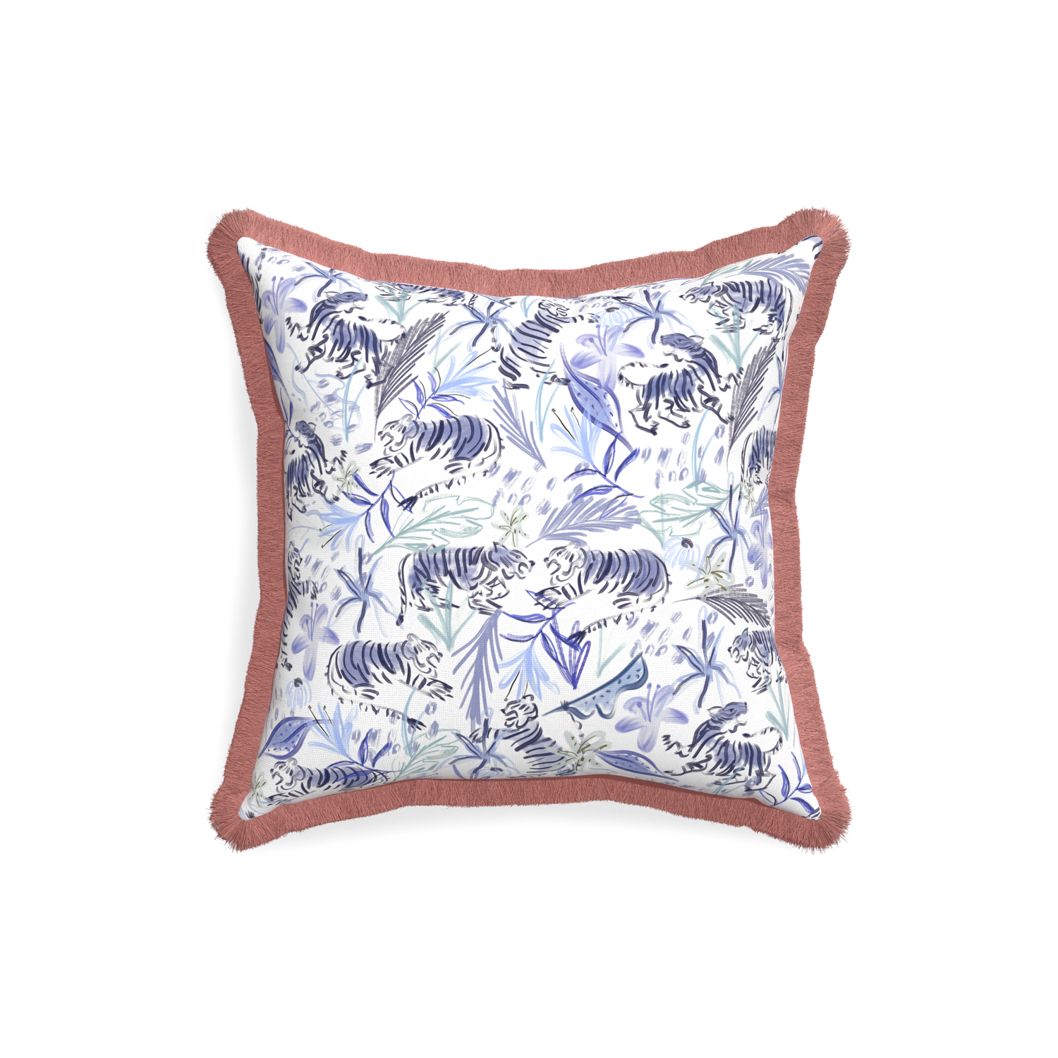 18-square frida blue custom blue with intricate tiger designpillow with d fringe on white background