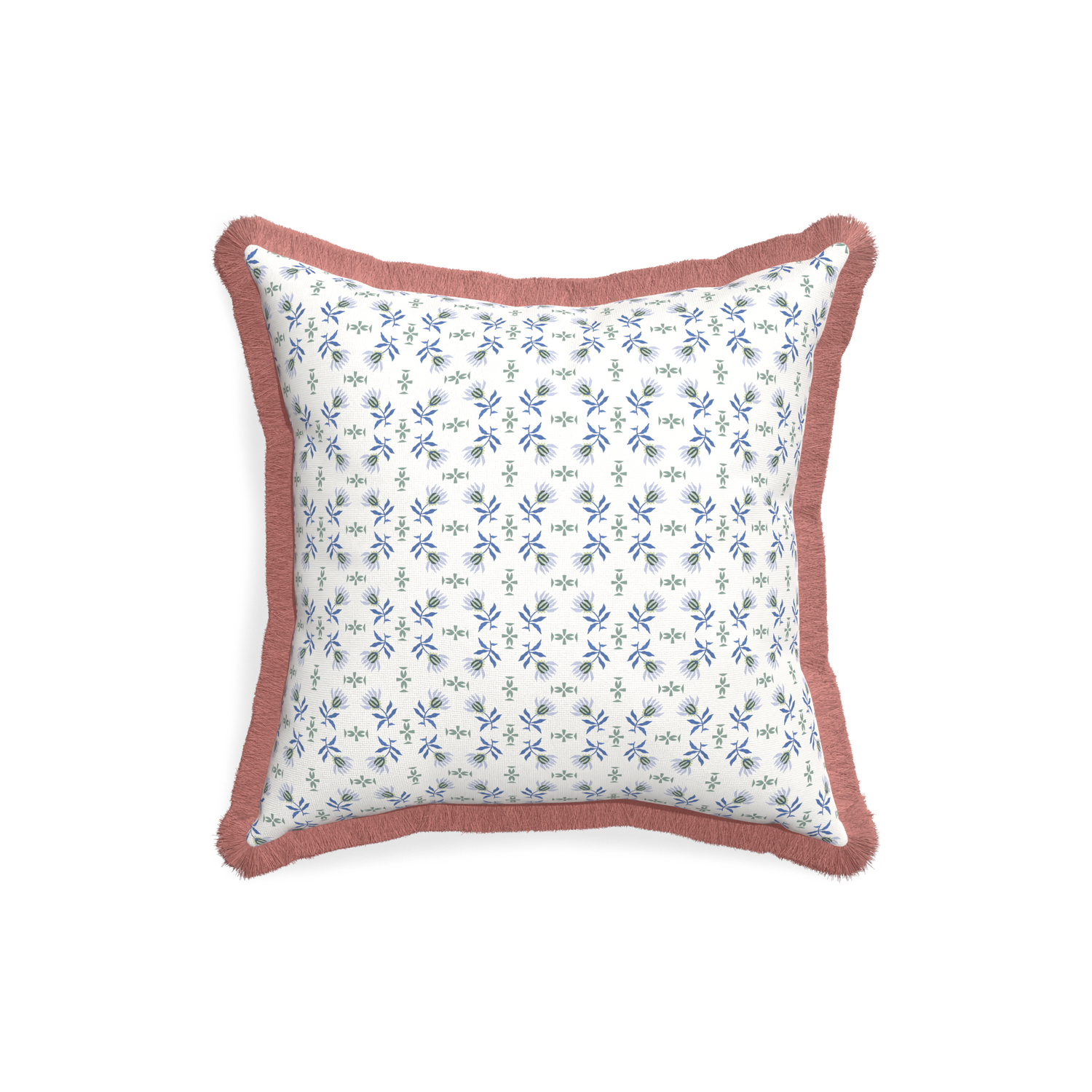 18-square lee custom blue & green floralpillow with d fringe on white background