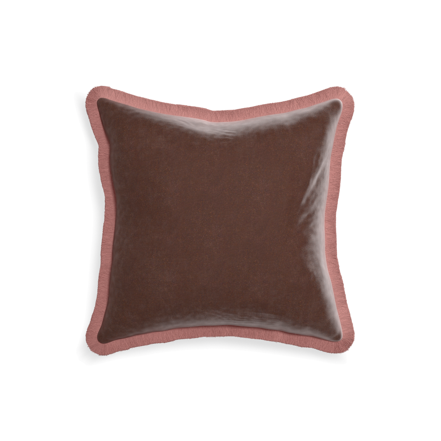 18-square walnut velvet custom pillow with d fringe on white background