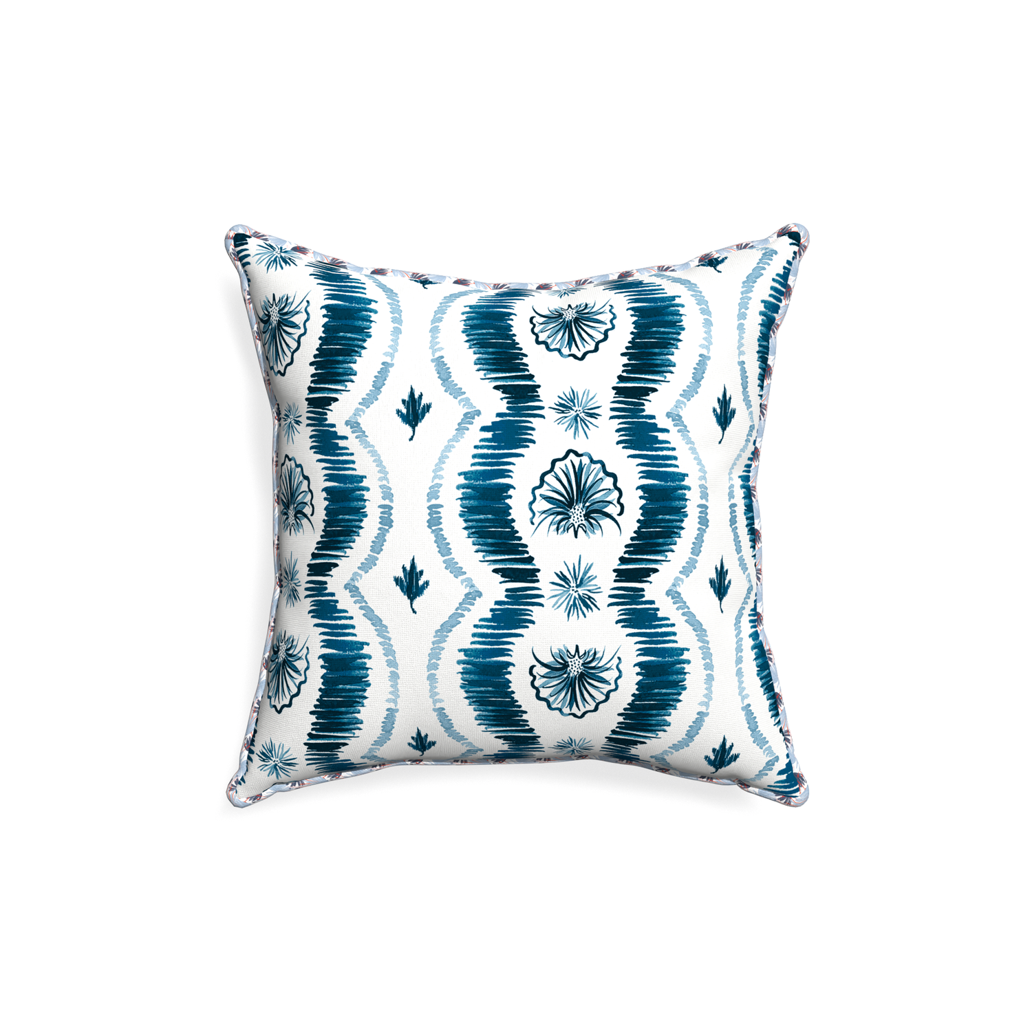 18-square alice custom blue ikatpillow with e piping on white background
