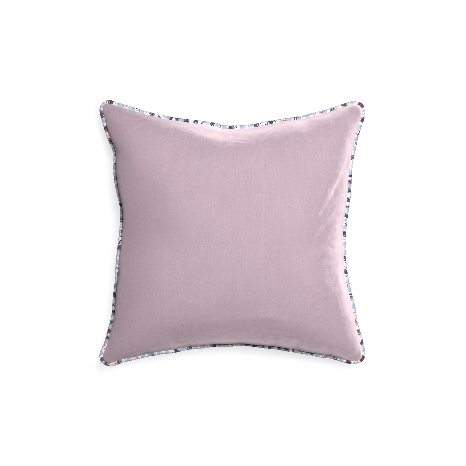 square lilac velvet pillow with red and blue piping