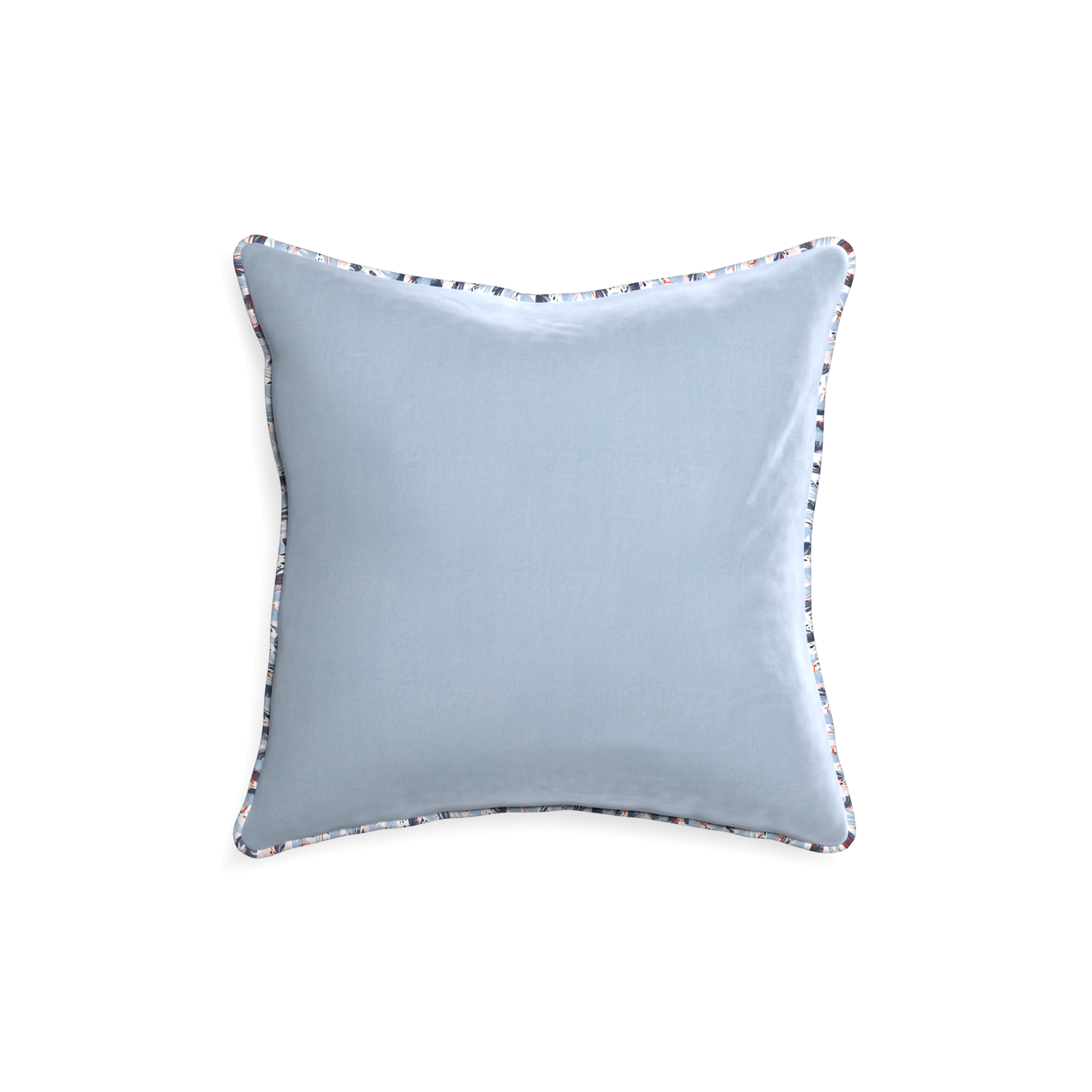 square light blue velvet pillow with red and blue piping