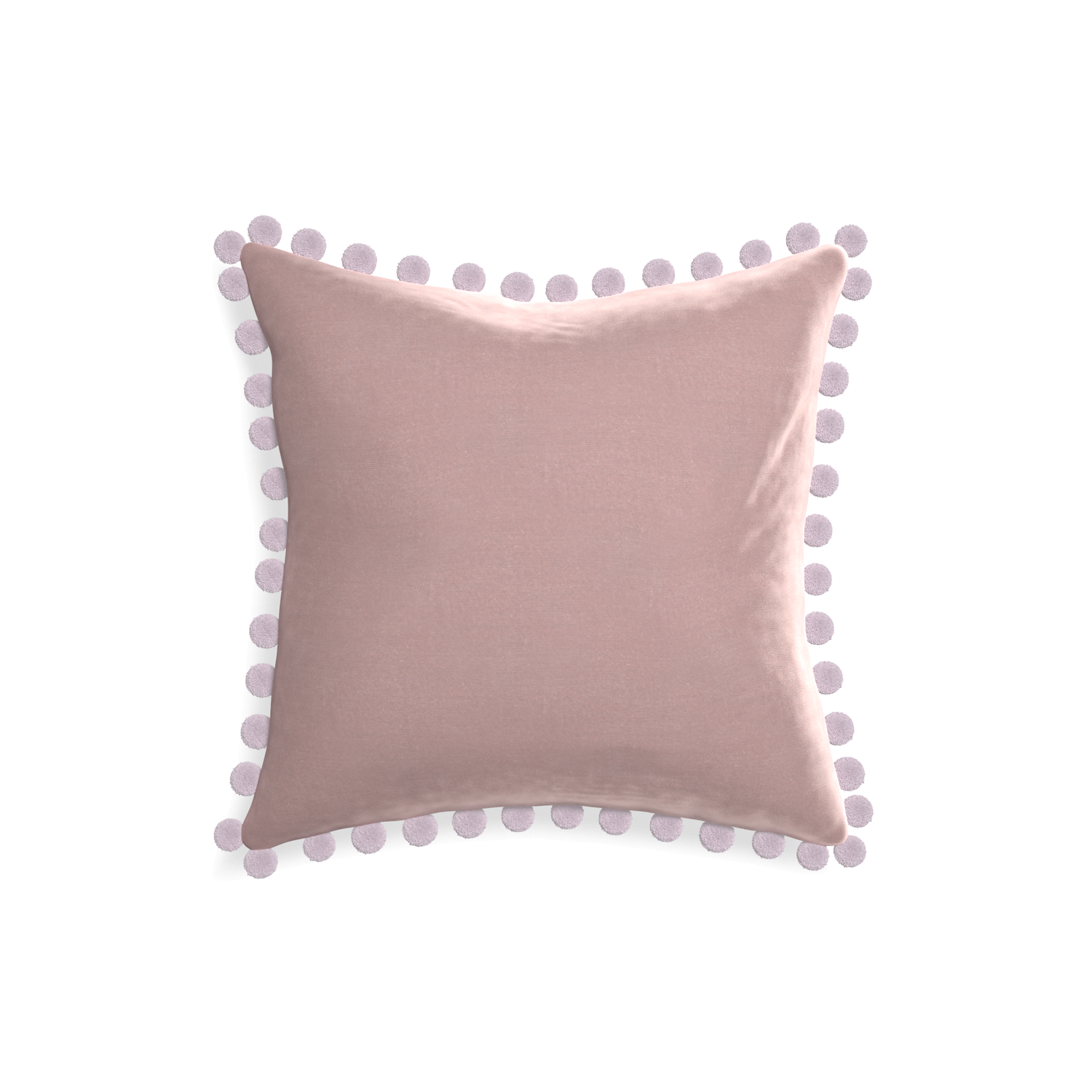 square mauve velvet pillow with lilac pom poms