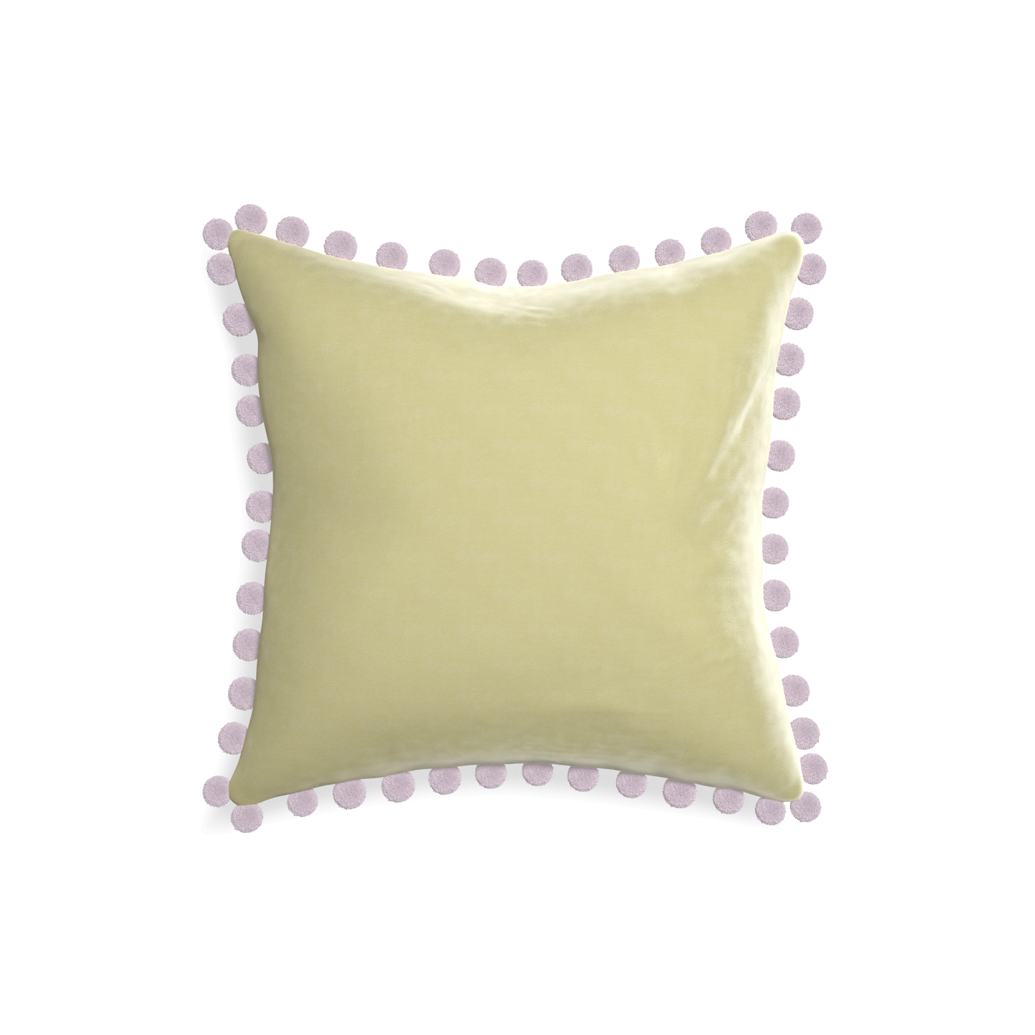square light green pillow with lilac pom poms