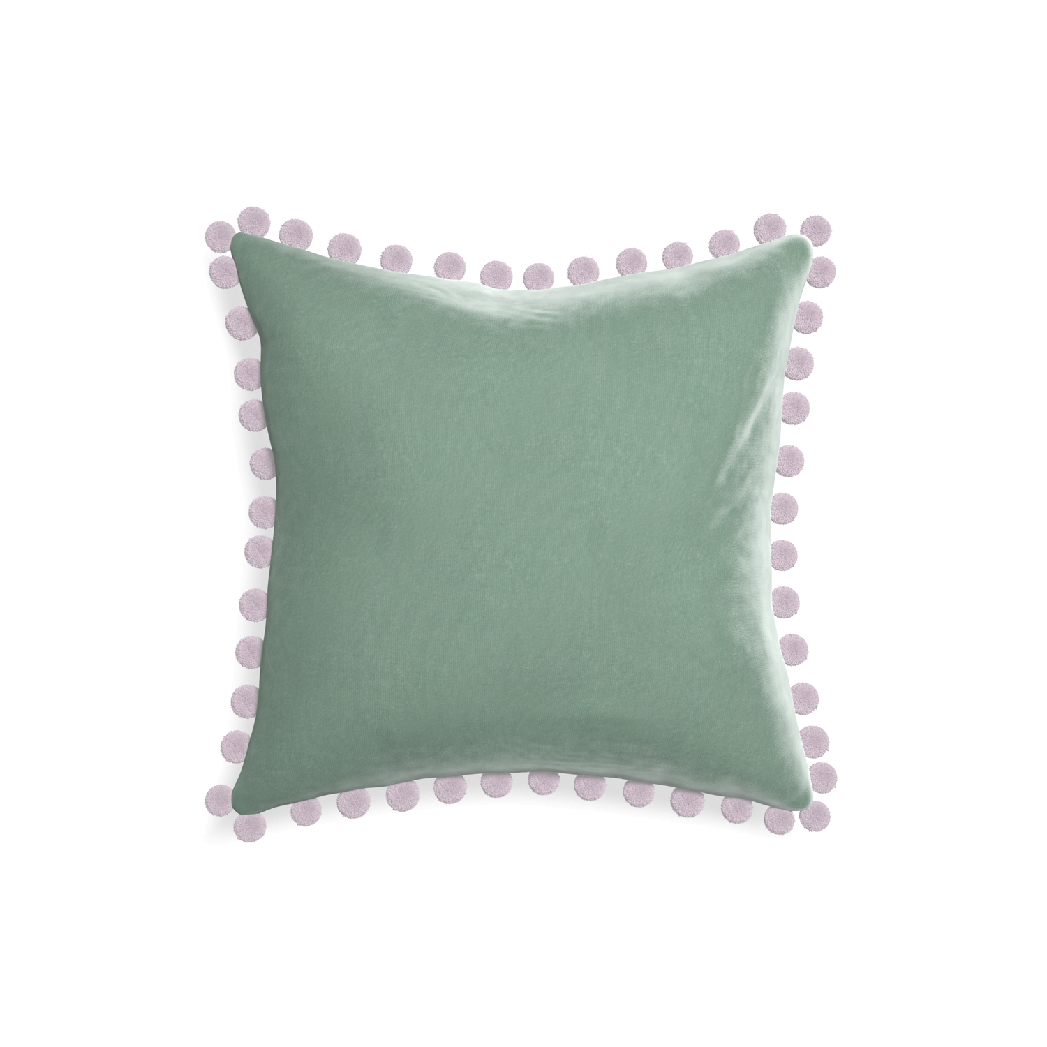 square blue green velvet pillow with lilac pom poms