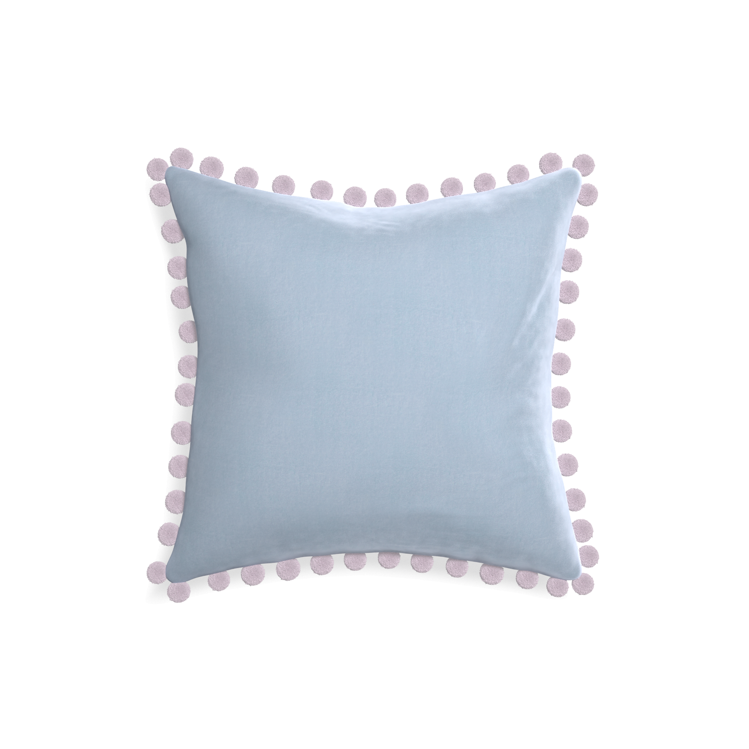 square light blue velvet pillow with lilac pom pom