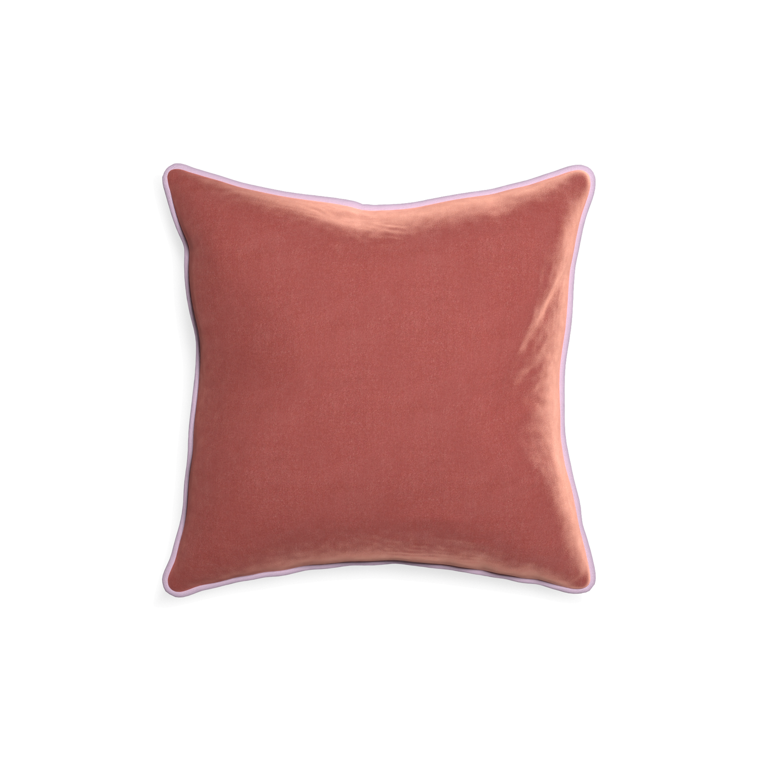 square coral velvet pillow with lilac piping