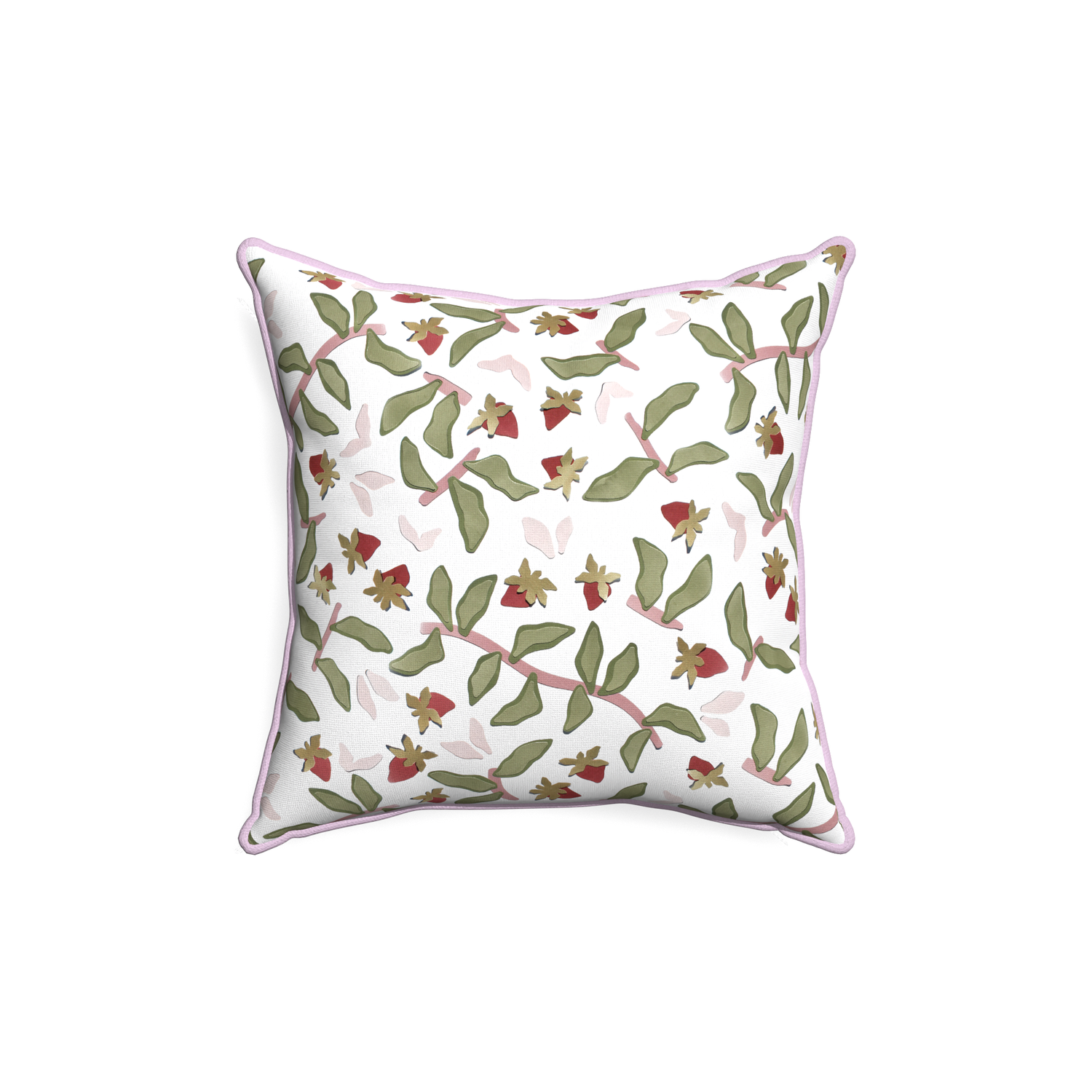 18-square nellie custom strawberry & botanicalpillow with l piping on white background