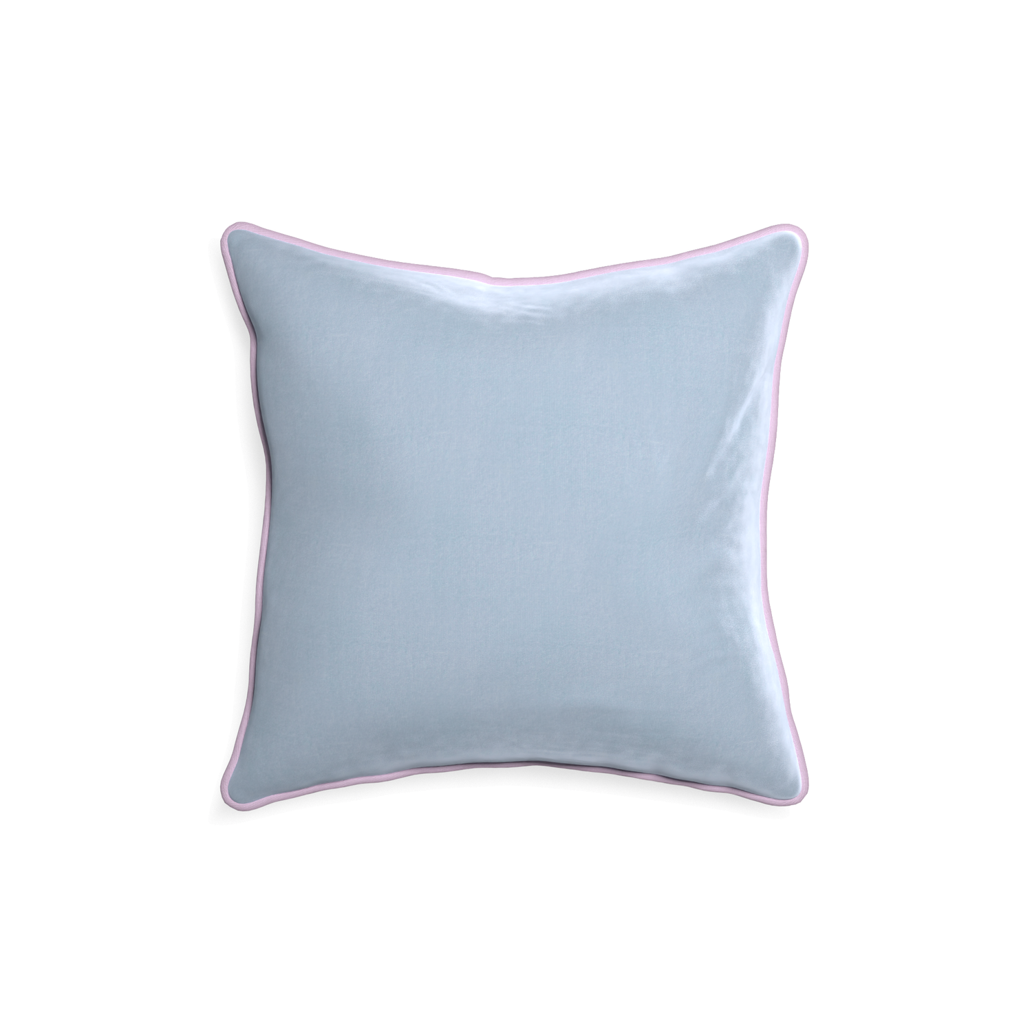 square light blue velvet pillow with lilac piping
