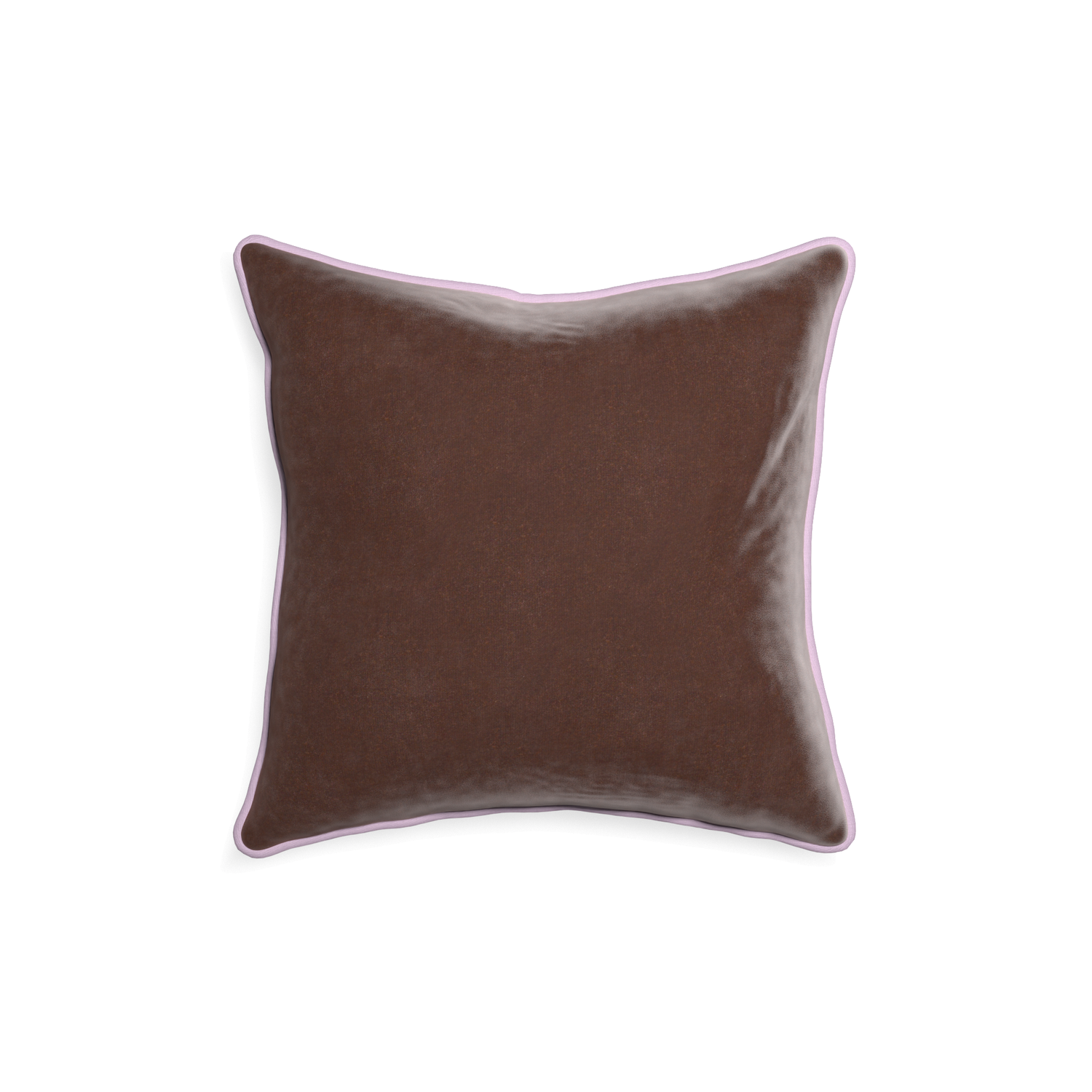 square brown velvet pillow with lilac piping