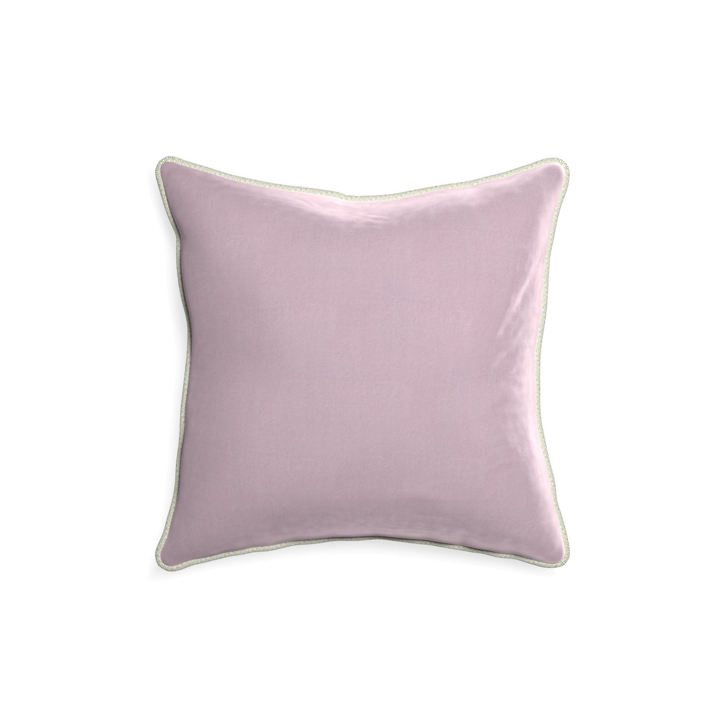 18-square lilac velvet custom pillow with l piping on white background