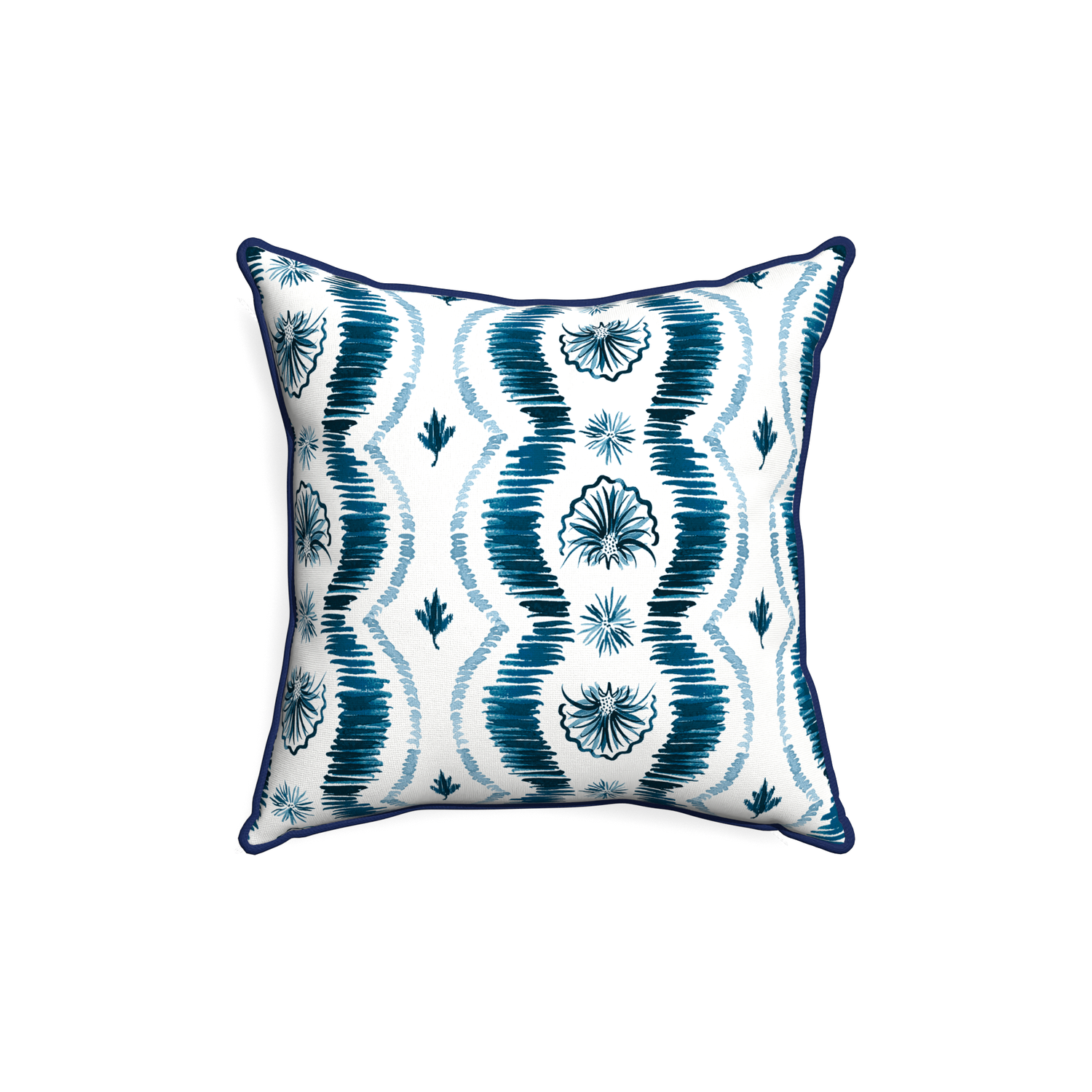 18-square alice custom blue ikatpillow with midnight piping on white background
