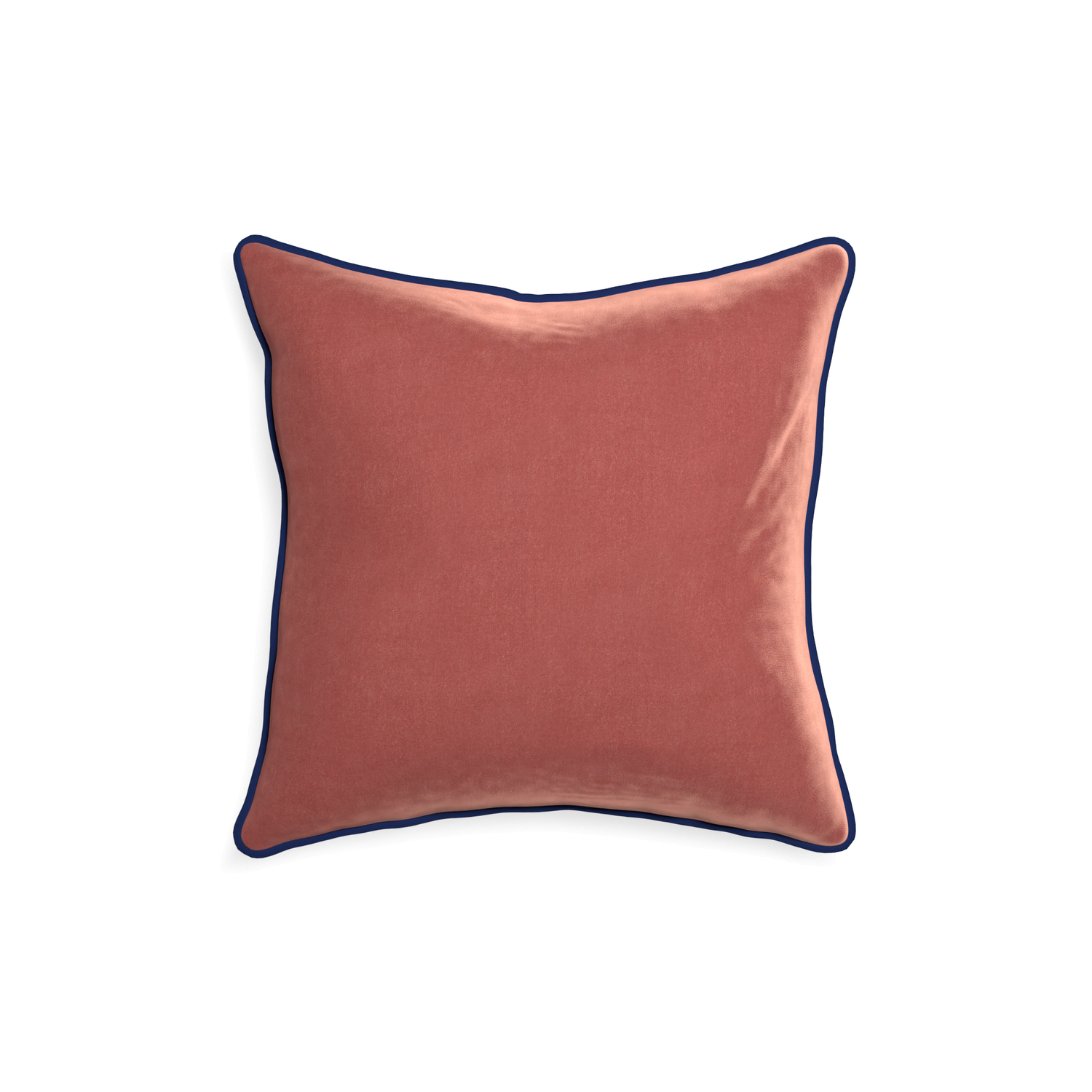 square coral velvet pillow with navy blue piping