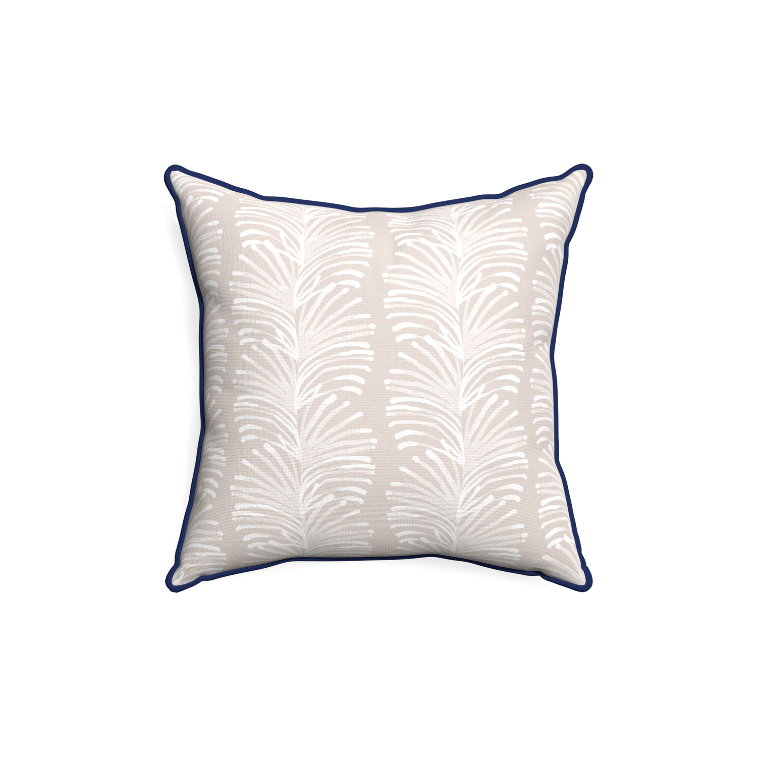 18-square emma sand custom pillow with midnight piping on white background