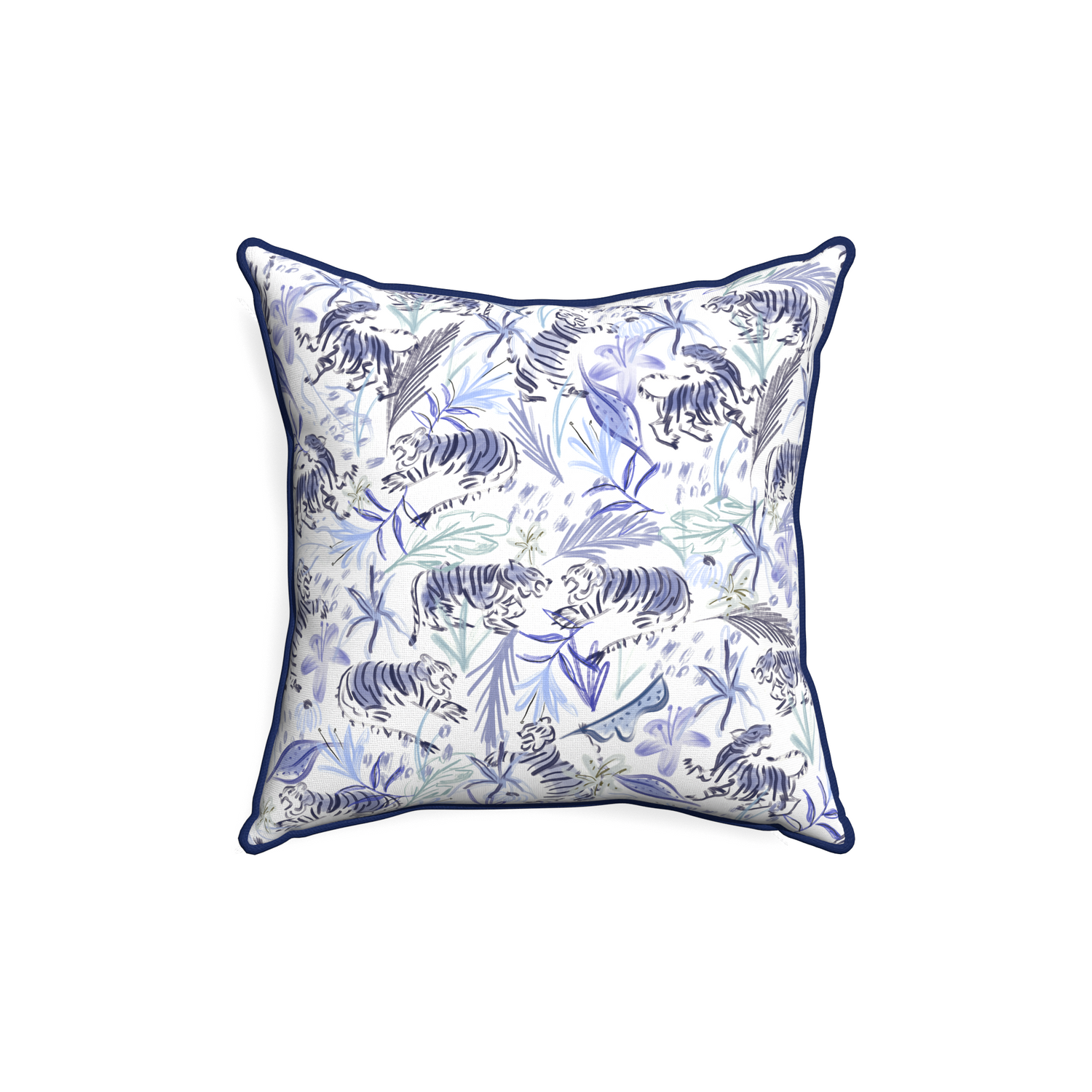 18-square frida blue custom blue with intricate tiger designpillow with midnight piping on white background