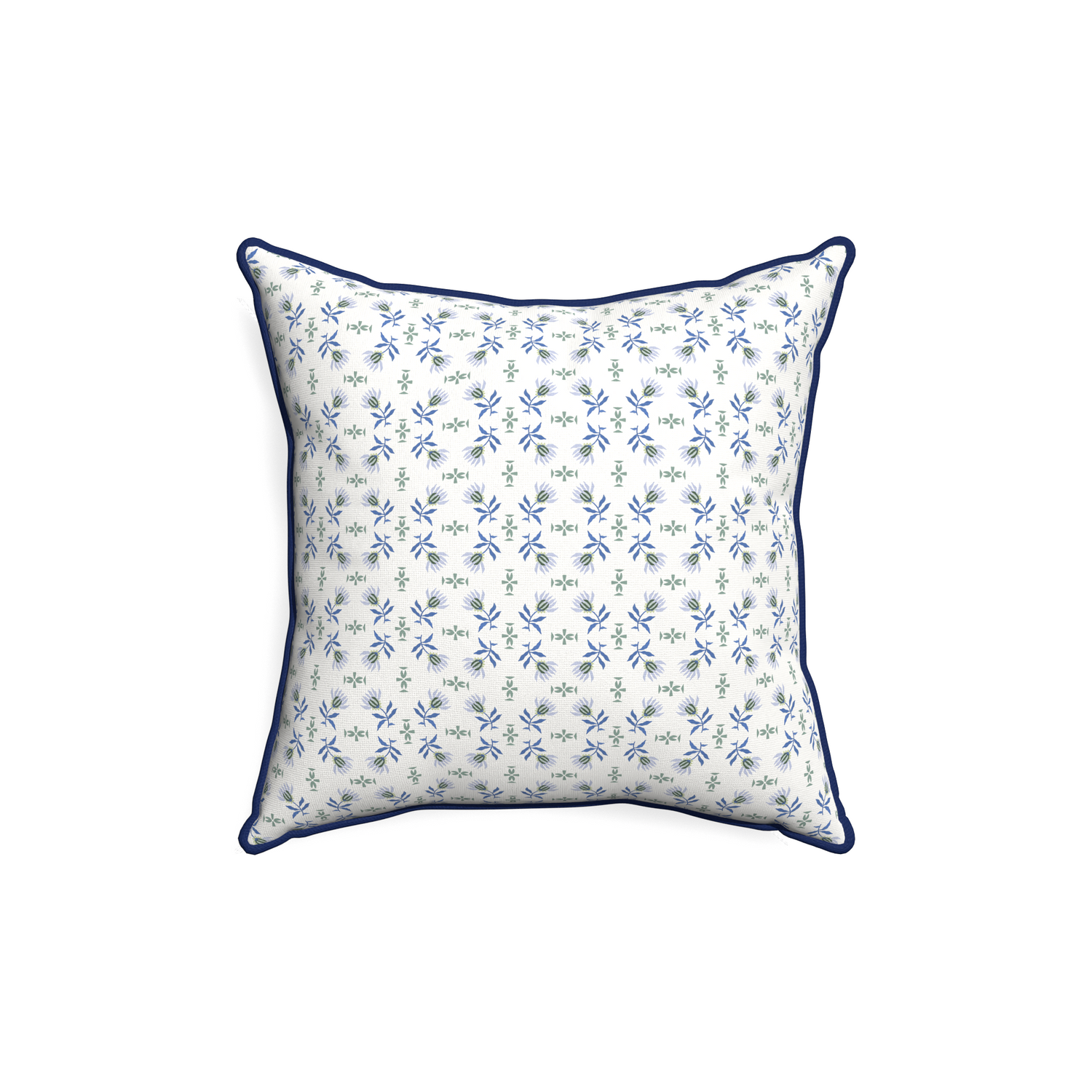 18-square lee custom blue & green floralpillow with midnight piping on white background