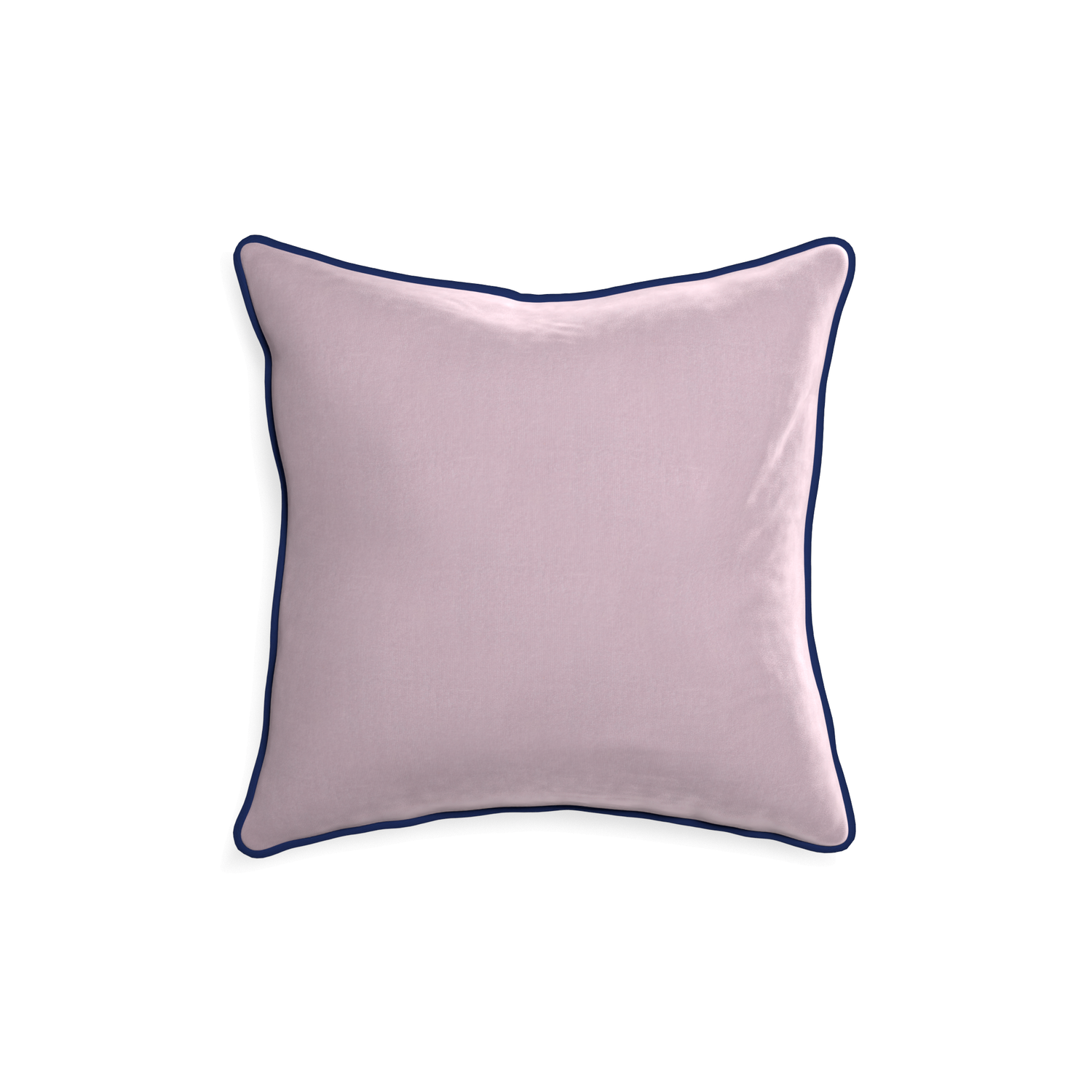 square lilac velvet pillow with navy blue piping
