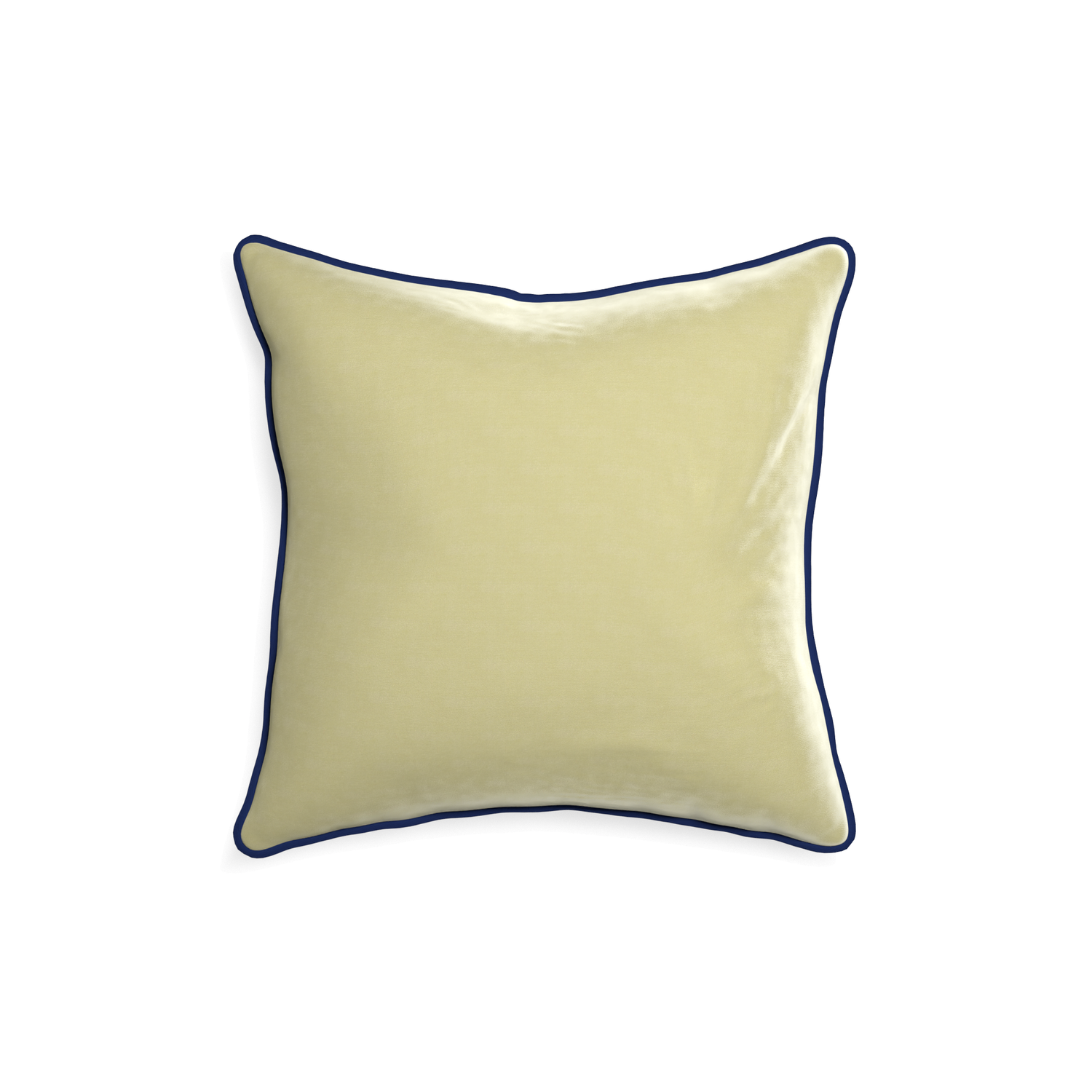square light green velvet pillow with navy blue piping