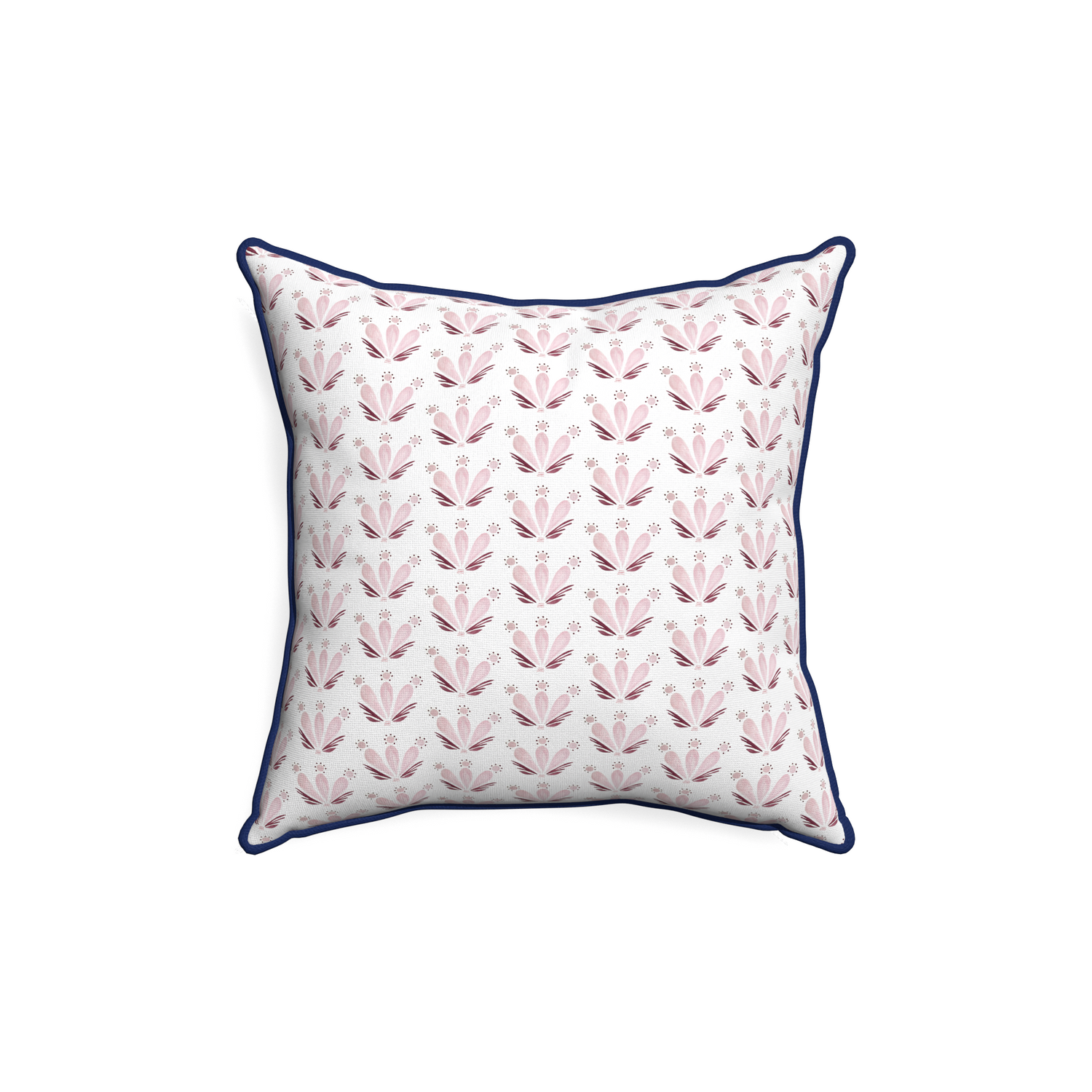 18-square serena pink custom pink & burgundy drop repeat floralpillow with midnight piping on white background