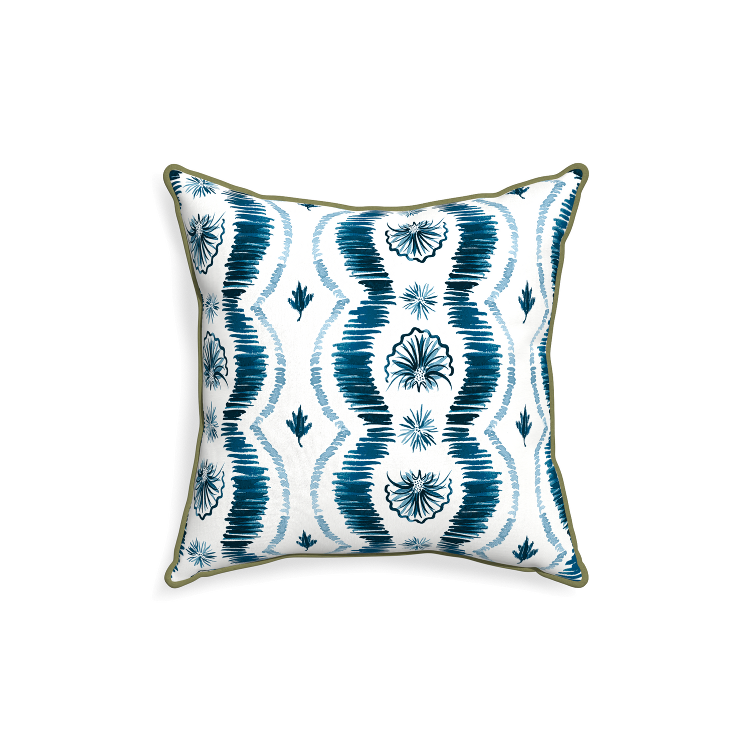 square blue ikat pillow with moss green piping