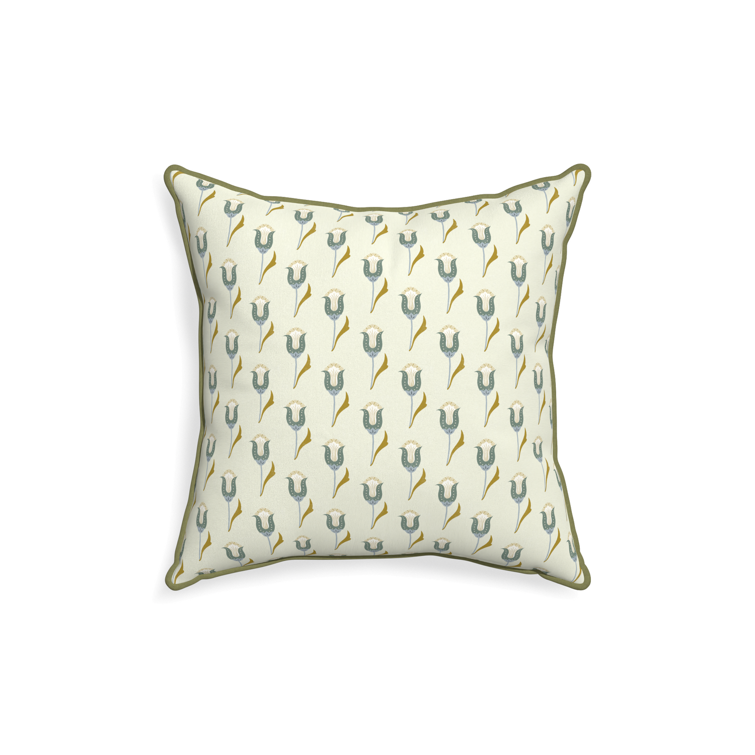 square cream pillow with blue tulips and moss green piping