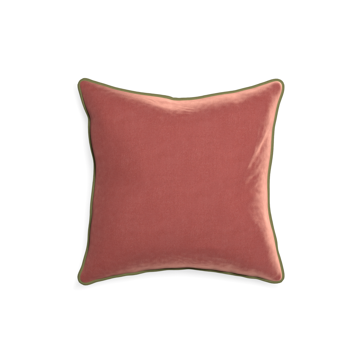 18-square cosmo velvet custom coralpillow with moss piping on white background