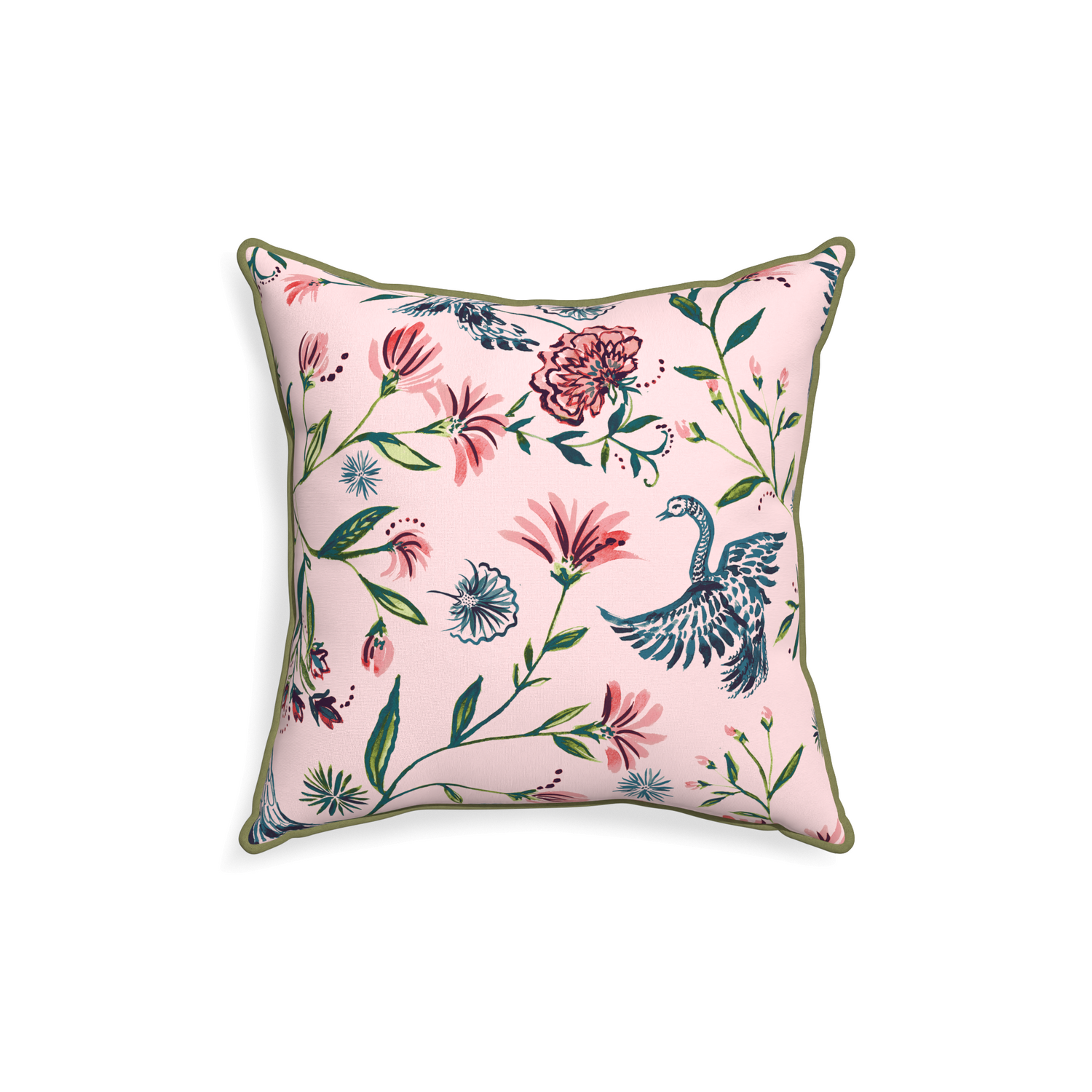 18-square daphne rose custom pillow with moss piping on white background