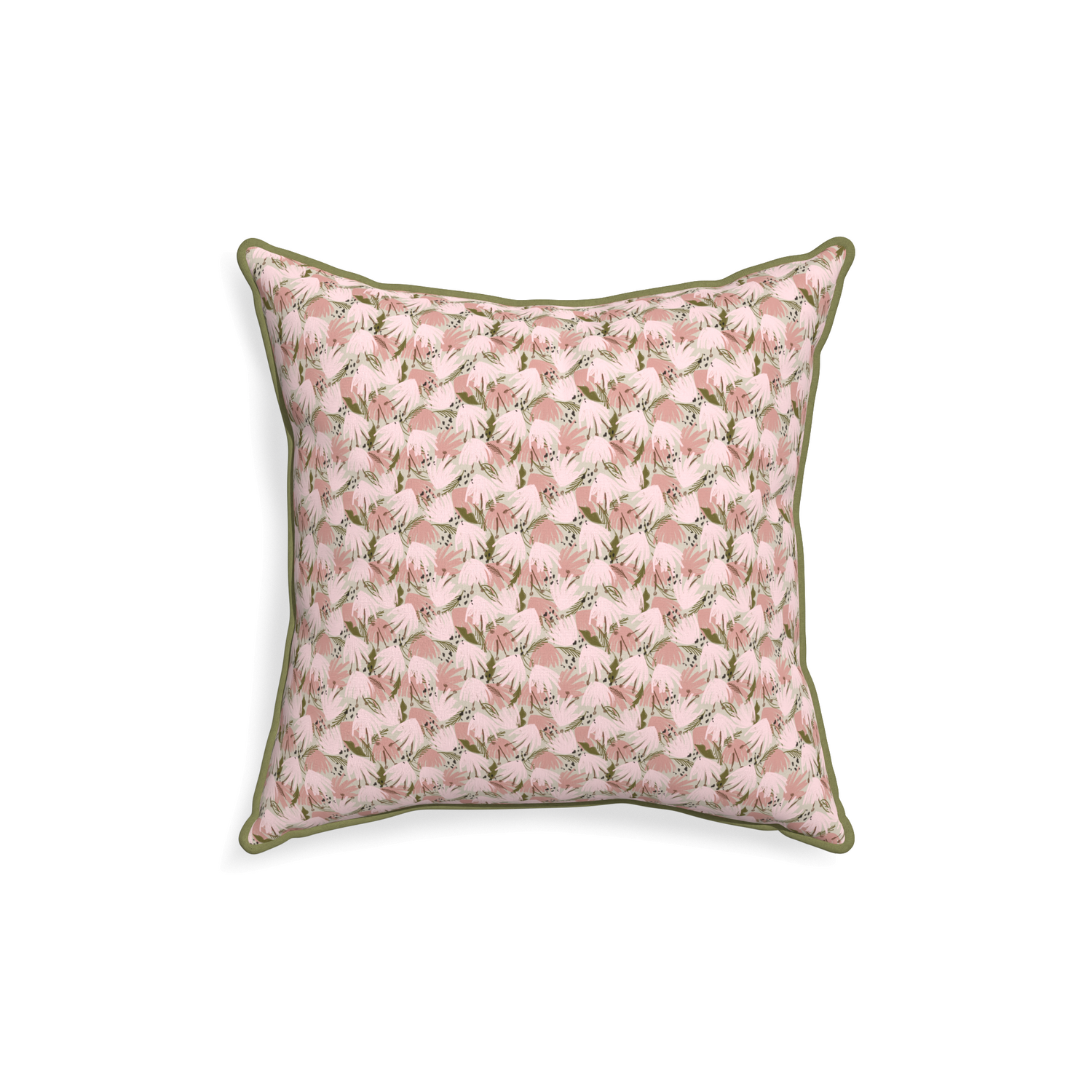 square pink floral pillow with moss green piping