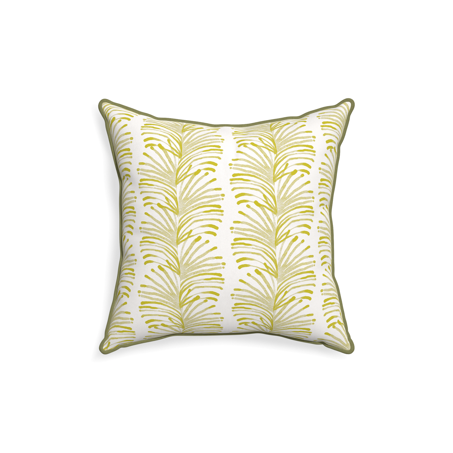 square chartreuse botanical stripe pillow with moss green piping