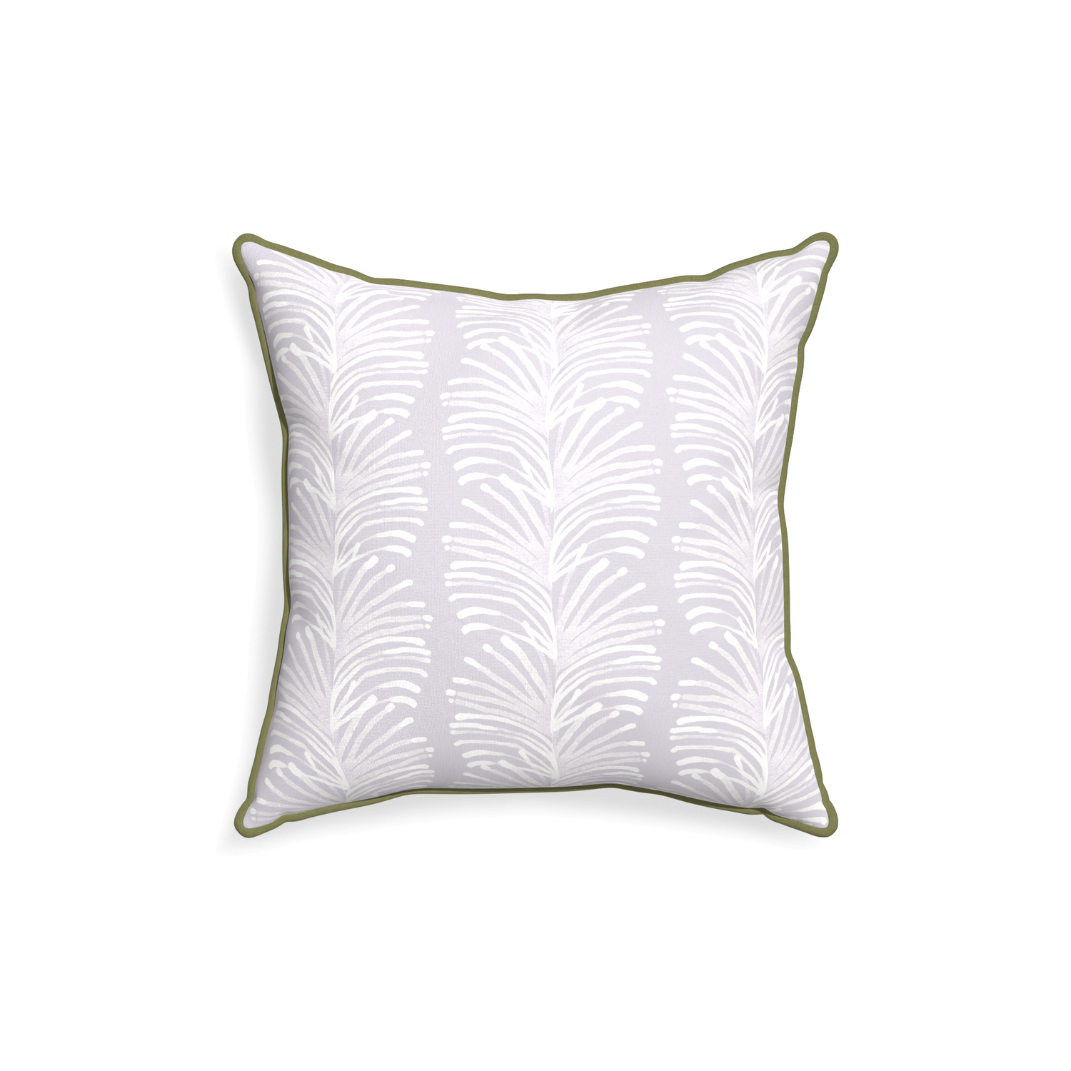 18-square emma lavender custom pillow with moss piping on white background