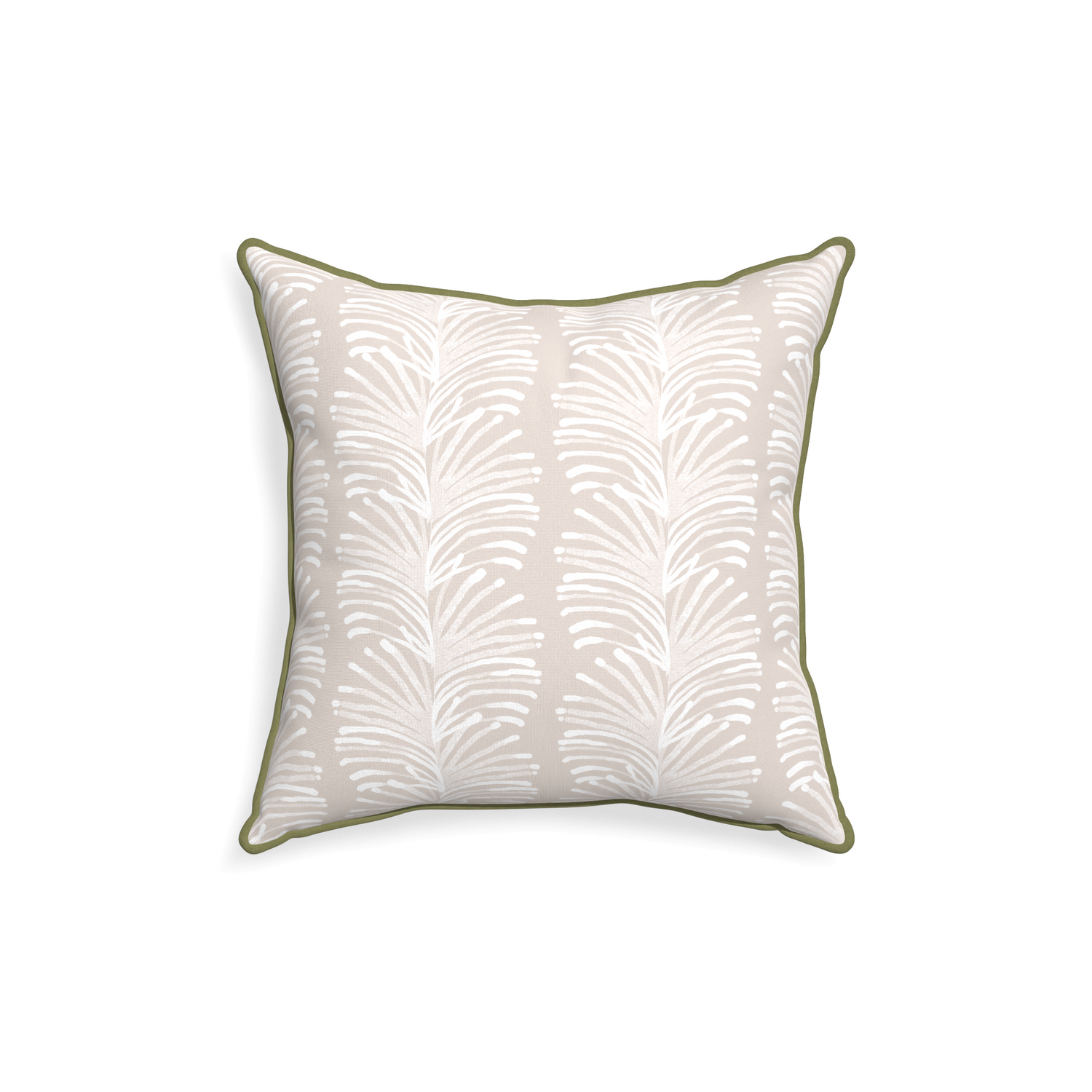 18-square emma sand custom pillow with moss piping on white background