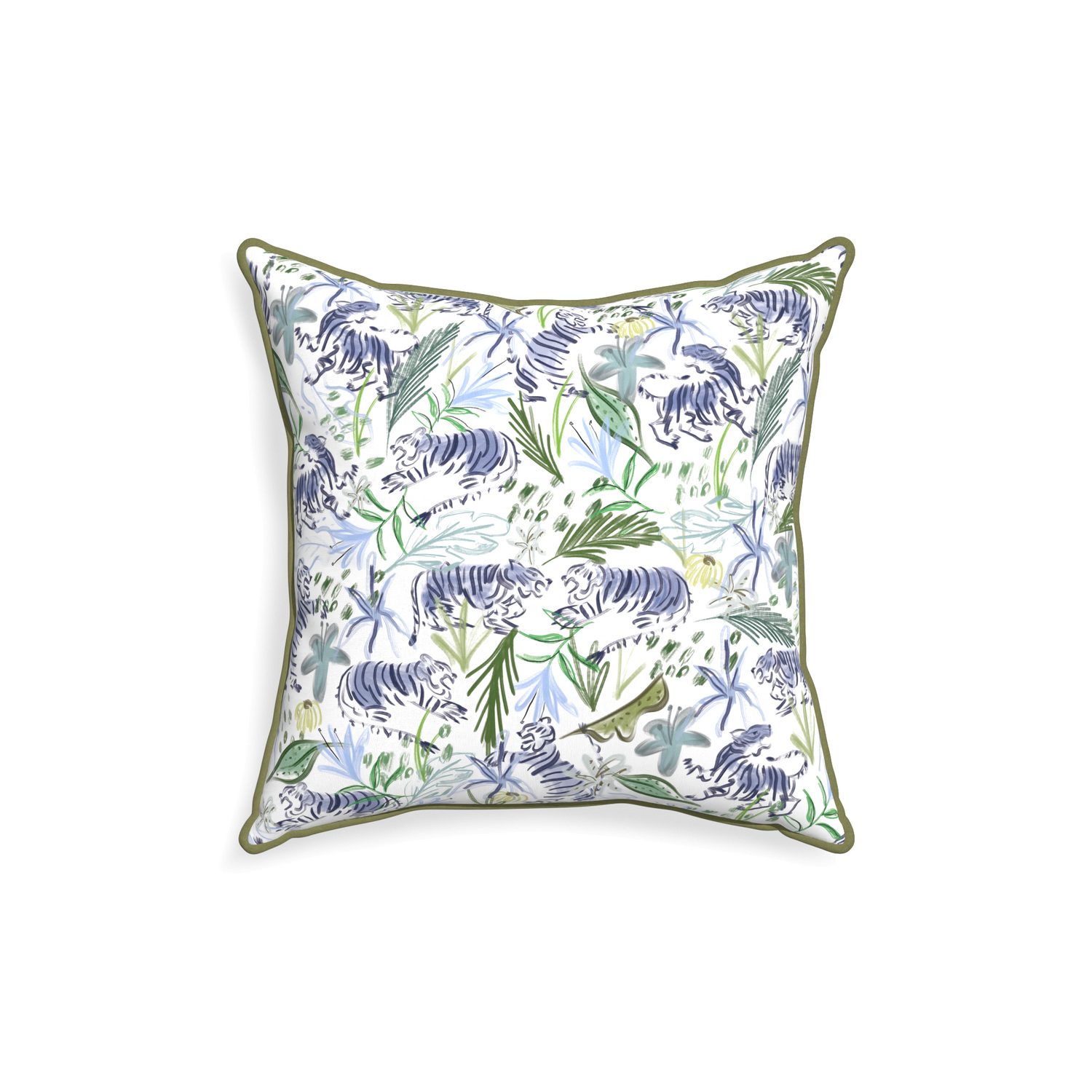 square green chinoiserie tiger pillow with moss green piping 