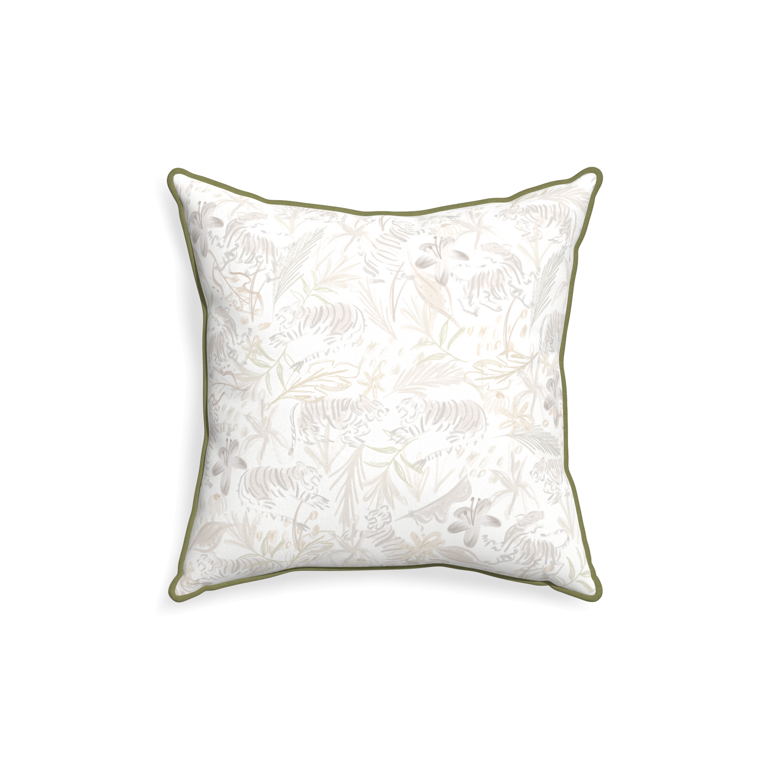 square beige chinoiserie tiger pillow with moss green piping 